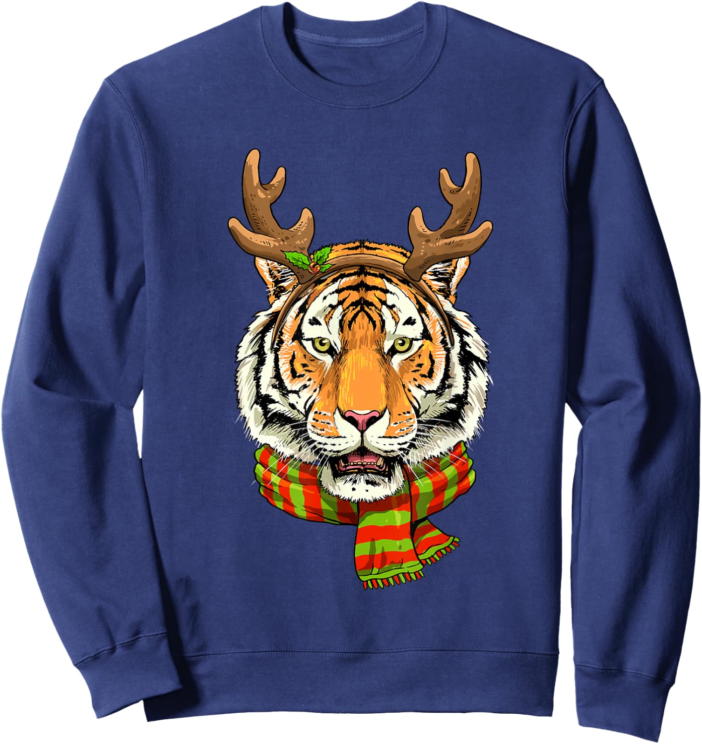 Tiger Reindeer Christmas Shirt Animal With Antlers Xmas Sweatshirt - Sweatshirt | Navy