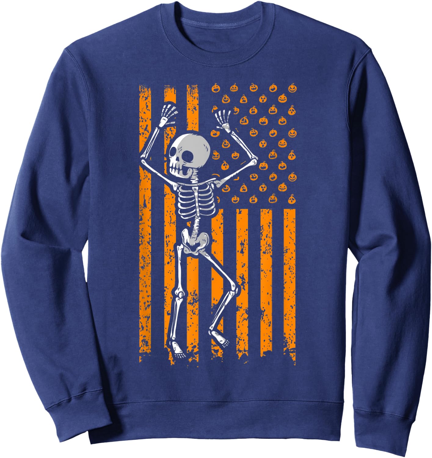 Scary Skeleton Skull Pumpkin American Flag Halloween Kids Men Sweatshirt - Sweatshirt | Navy