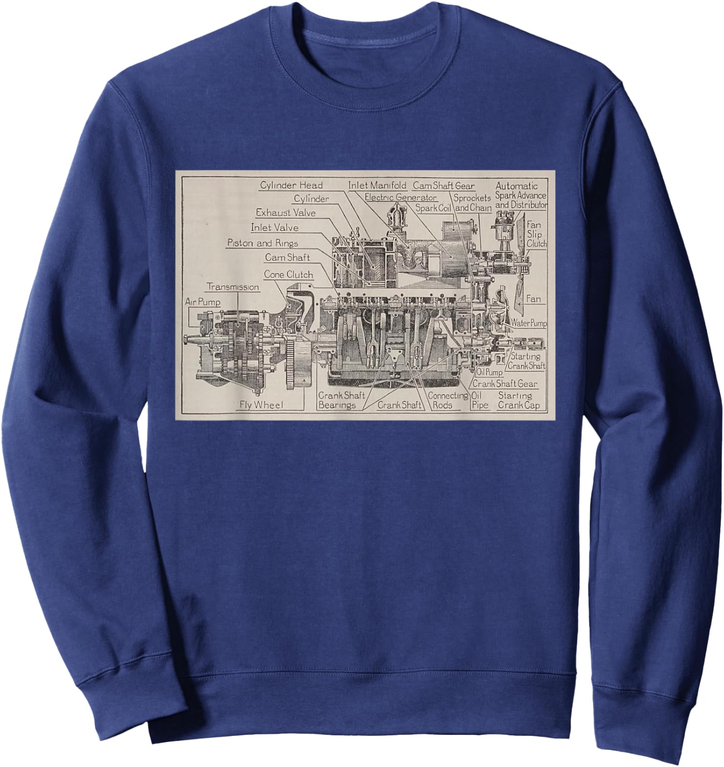 Early Automobile Engine & Transmission Diagram Sweatshirt - Sweatshirt | Navy