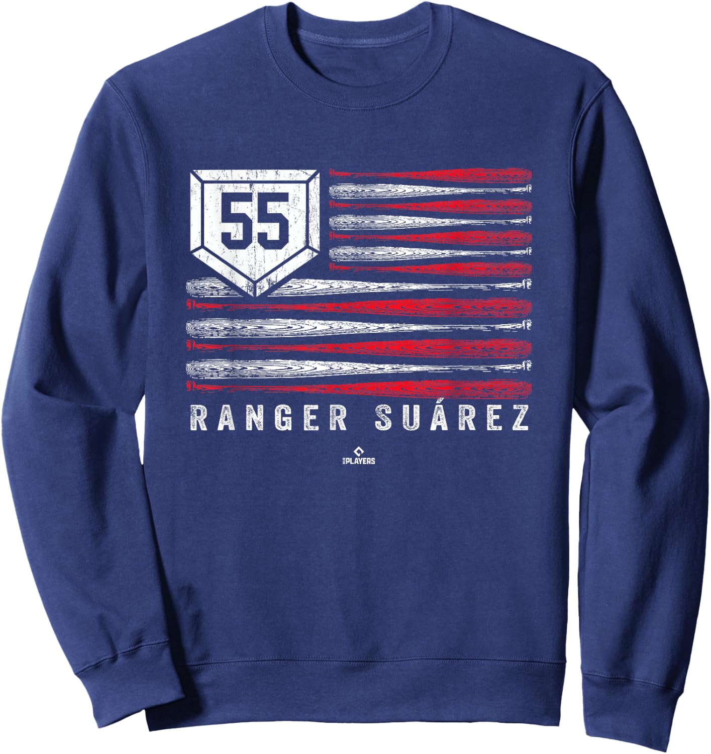 Vintage US Flag Baseball Stripes Ranger Suarez MLBPA Sweatshirt - Sweatshirt | Navy