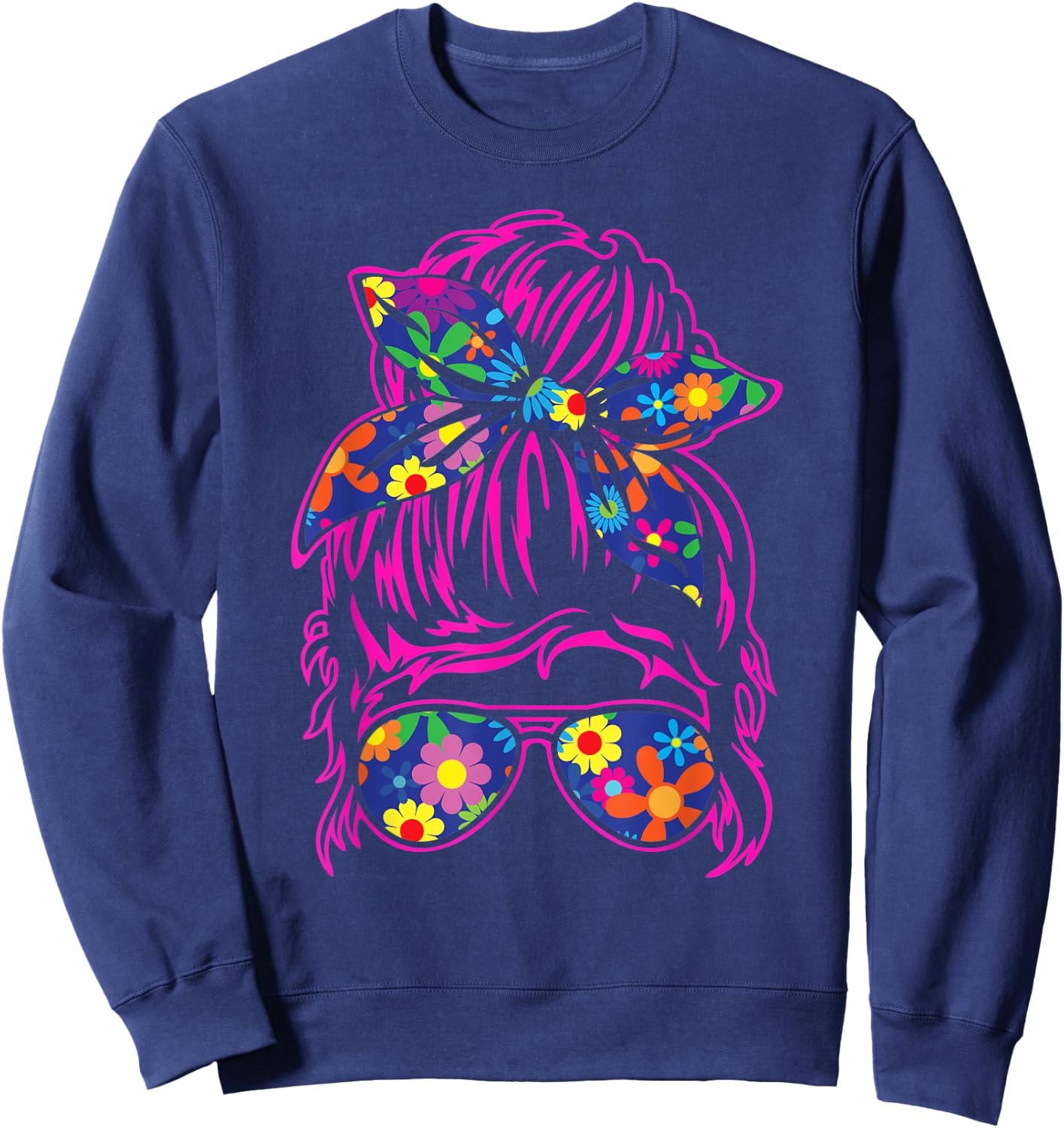 Messy Hair Bun with Bandana Ribbon and Sunglasses Design Sweatshirt - Sweatshirt | Navy