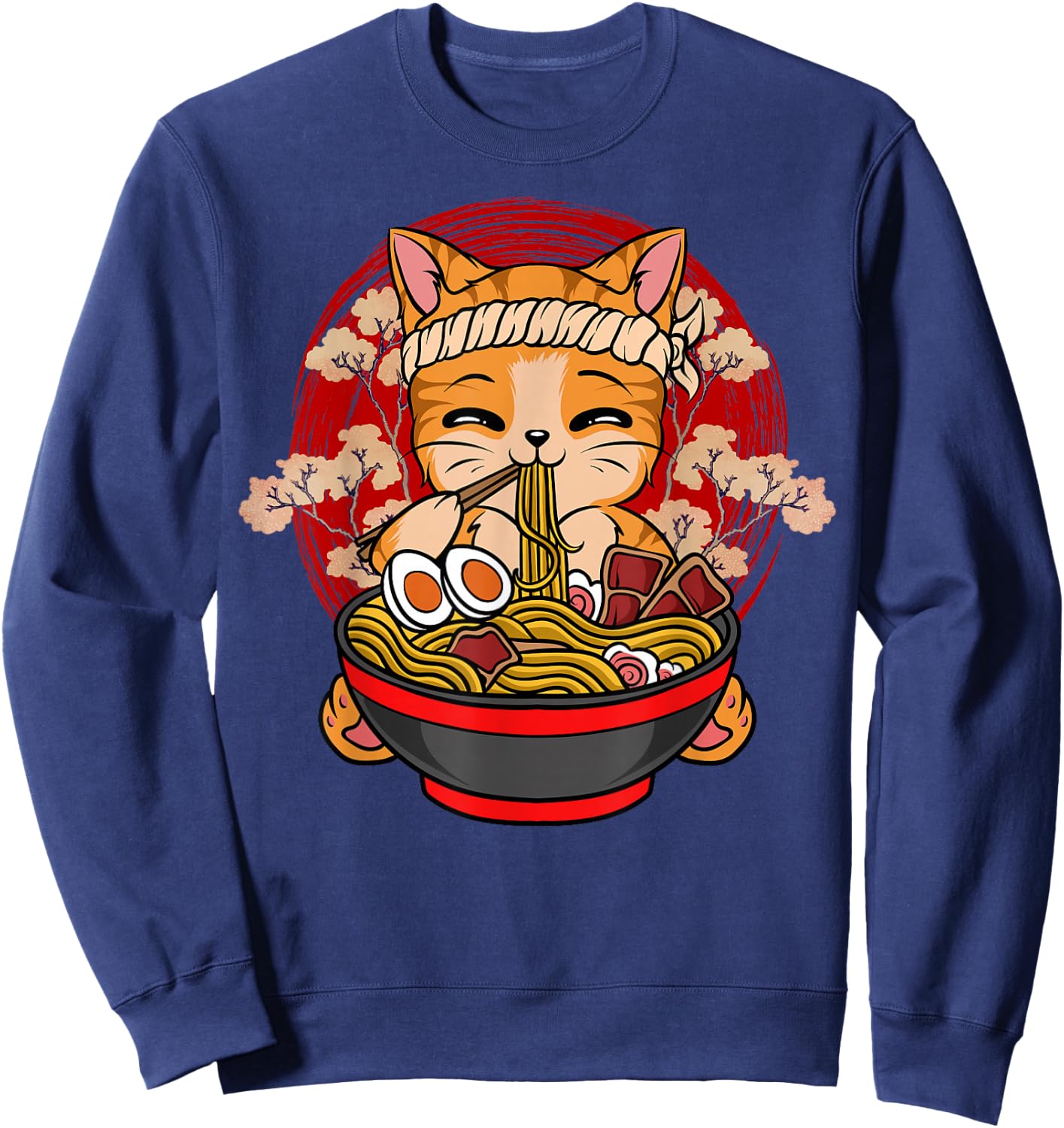 Kawaii Anime Cat Eating Ramen Japanese Noodles Funny Anime Sweatshirt - Sweatshirt | Navy
