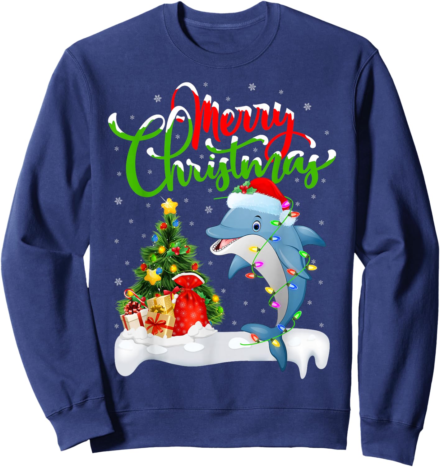 Funny Dolphin Fish Lover Xmas Lighting Dolphin Christmas Sweatshirt - Sweatshirt | Navy