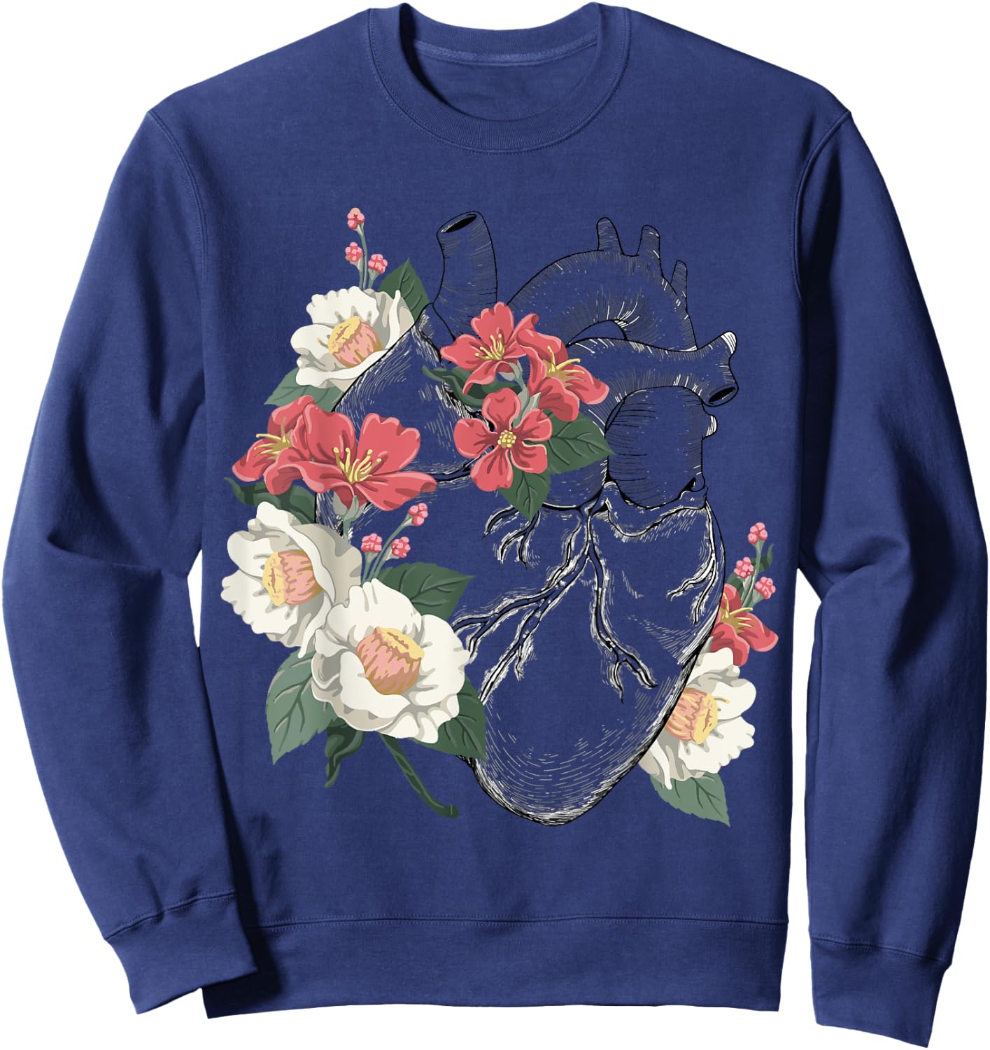 Anatomical Heart and Flowers Anatomy Heart Cute Cardiologist Sweatshirt - Sweatshirt | Navy