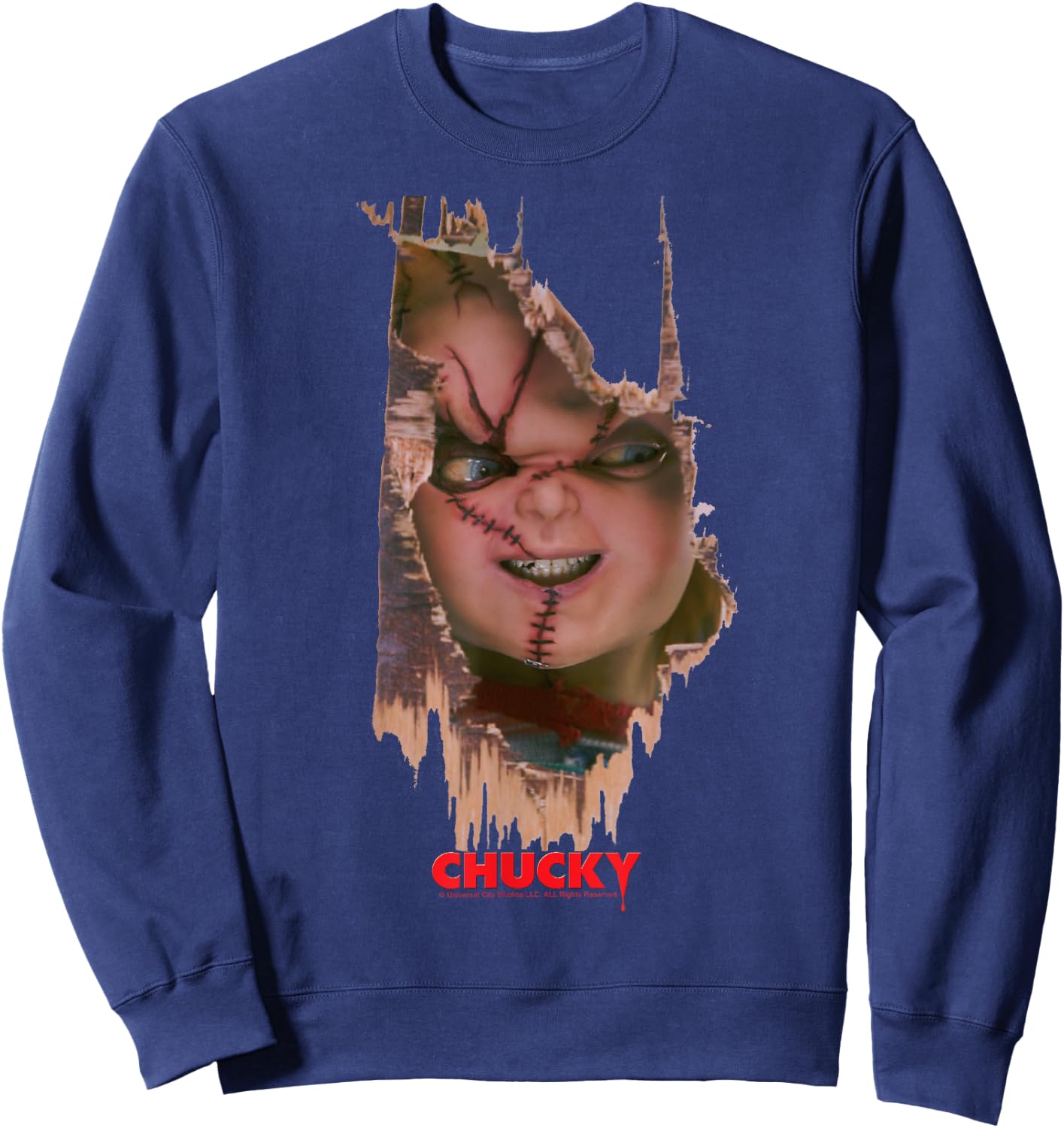 Child's Play Broken Door Here's Chucky Poster Sweatshirt - Sweatshirt | Navy