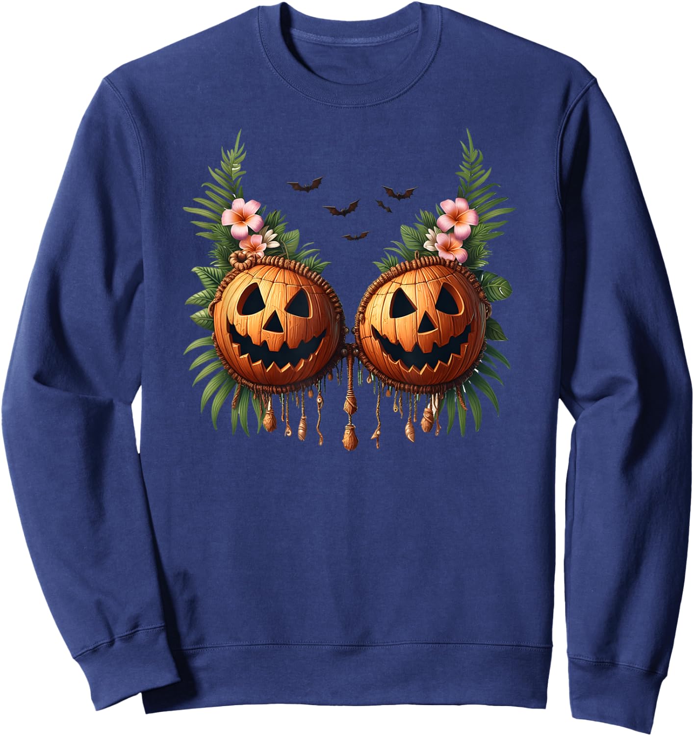 Hawaiian Coconut Shell Bra Pumpkin Jack O Lantern Halloween Sweatshirt - Sweatshirt | Navy