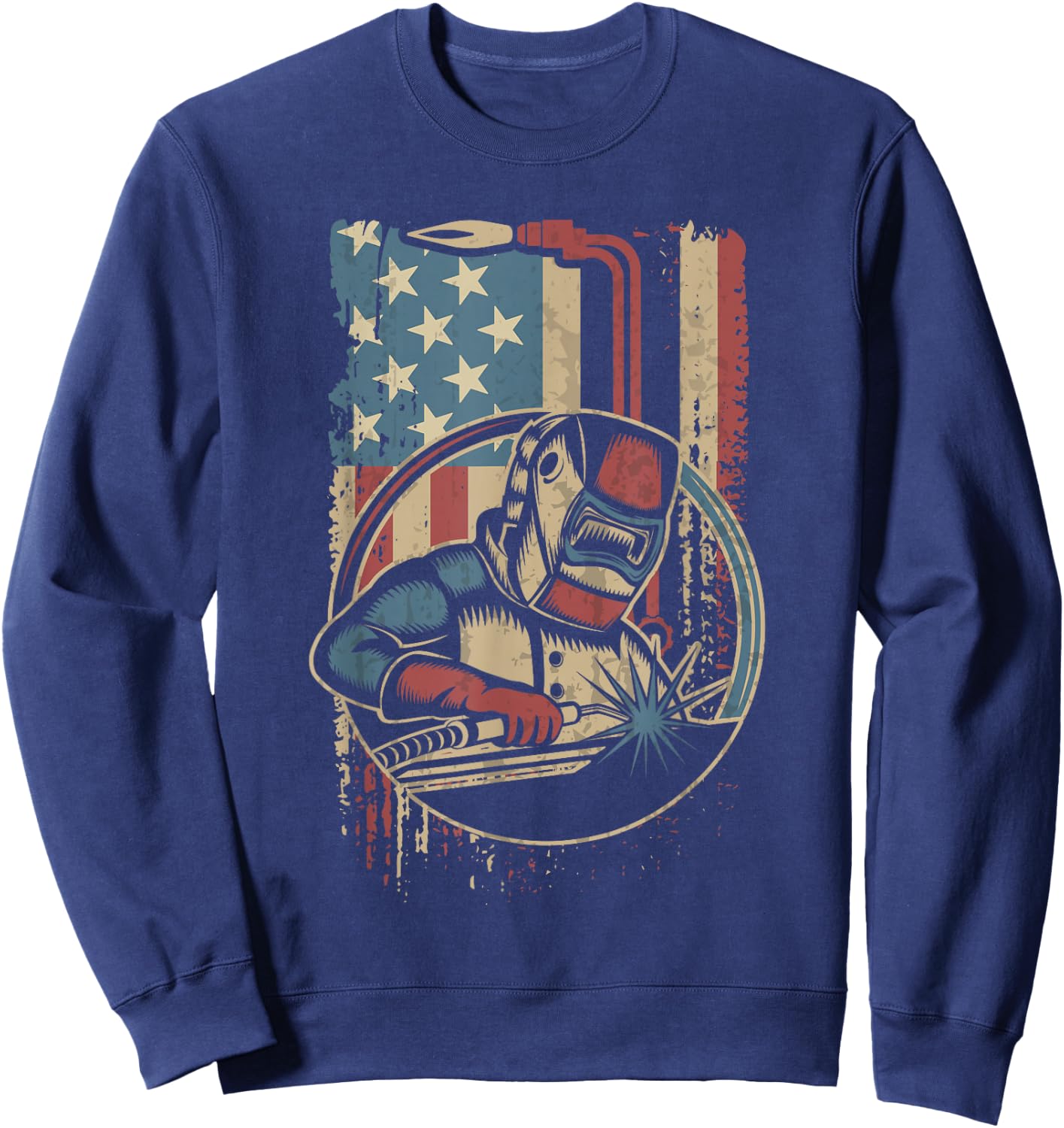 Weld Funny Welder Welding Vintage American Flag Welders Gift Sweatshirt - Sweatshirt | Navy