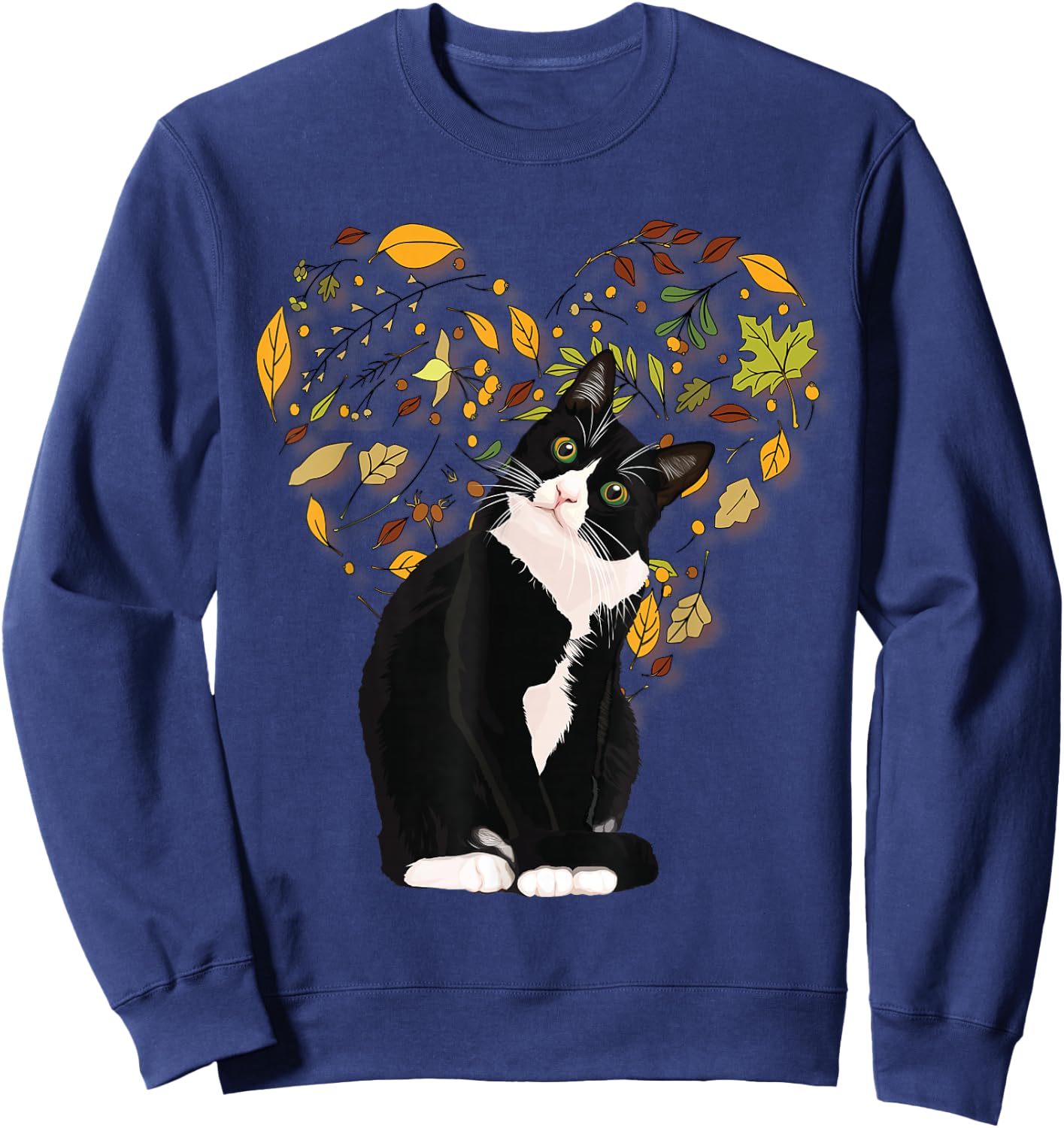Tuxedo Cat t Shirt Gift Autumn Fall Leaves Black and White Sweatshirt - Sweatshirt | Navy