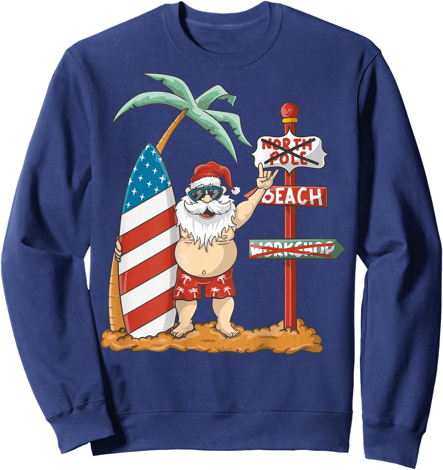 Surfing Santa With USA Patriotic Surfboard Christmas in July Women Kids Men Sweatshirt - Sweatshirt | Navy