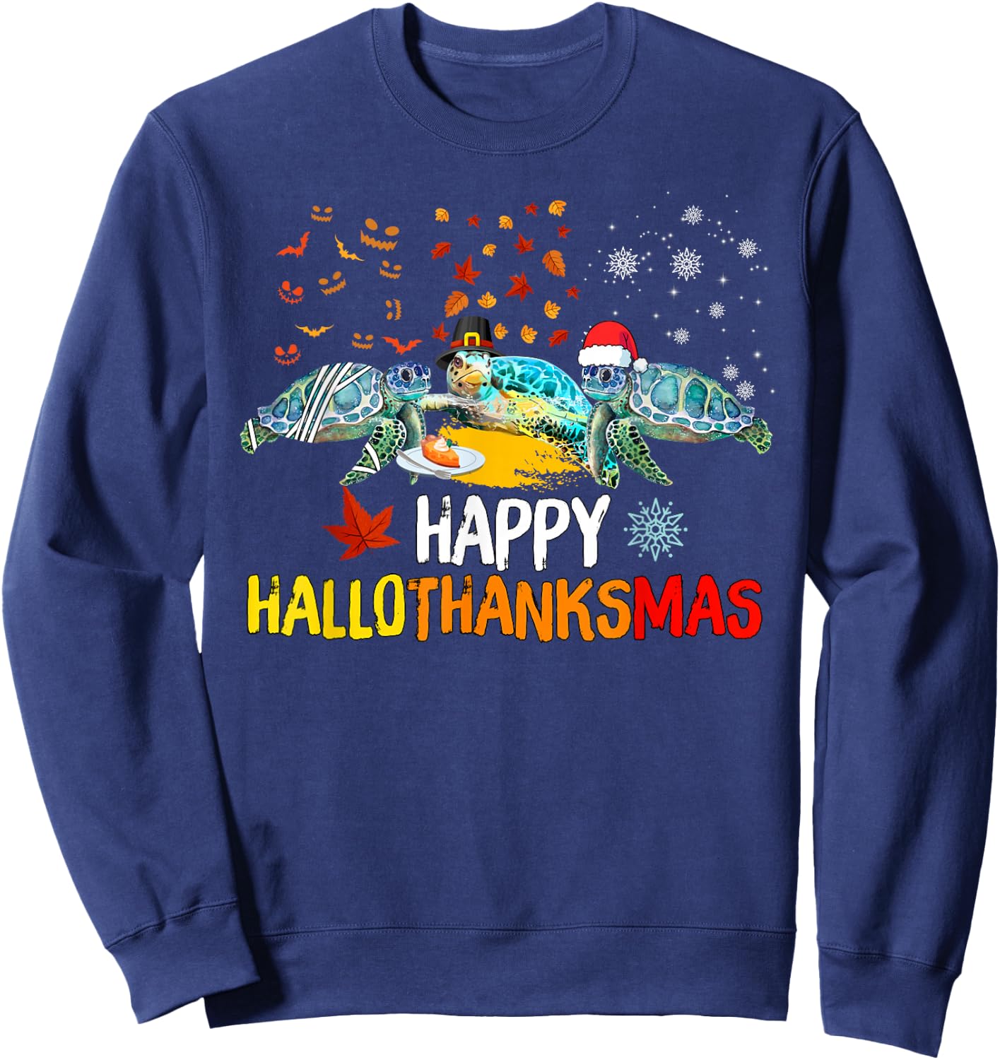 Happy Hallothanksmas Santa Turtle Halloween Thanksgiving Sweatshirt - Sweatshirt | Navy