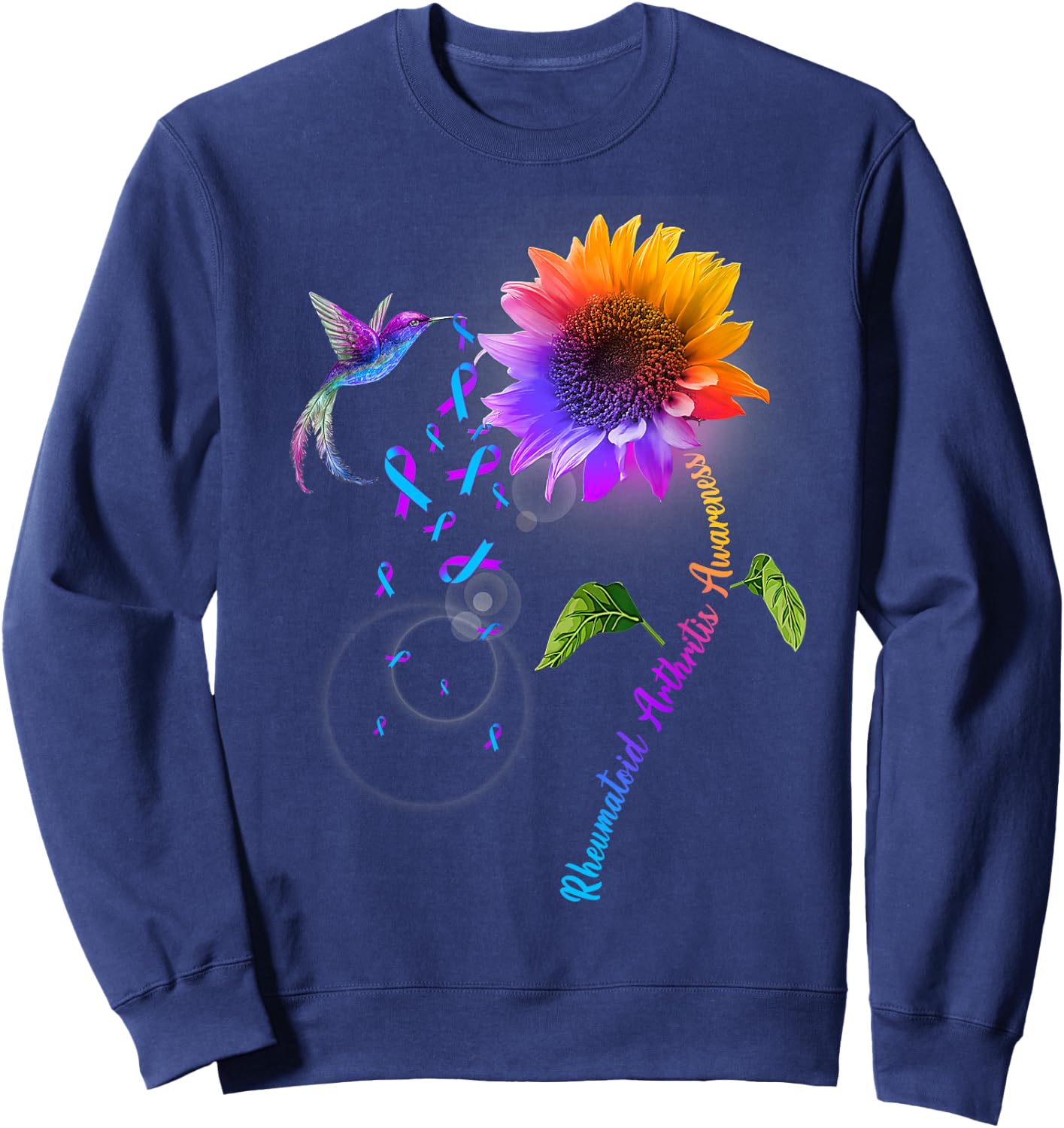 Rheumatoid Arthritis Awareness Sunflower Hummingbird Sweatshirt - Sweatshirt | Navy