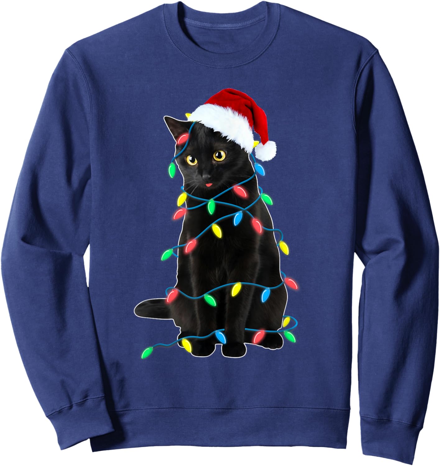 Black Cat Christmas Tree Lights Funny Santa Kitten Led Light Sweatshirt - Sweatshirt | Navy