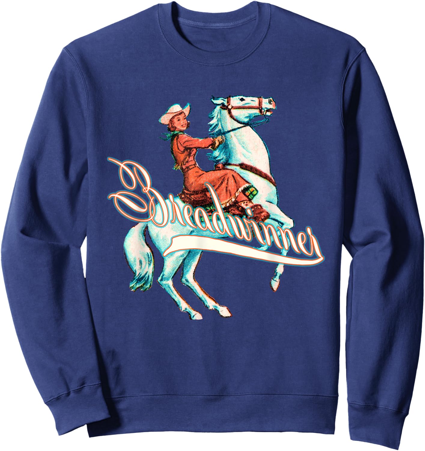 Breadwinner, Buckaroo Cowgirl on Horse, Retro Sweatshirt - Sweatshirt | Navy