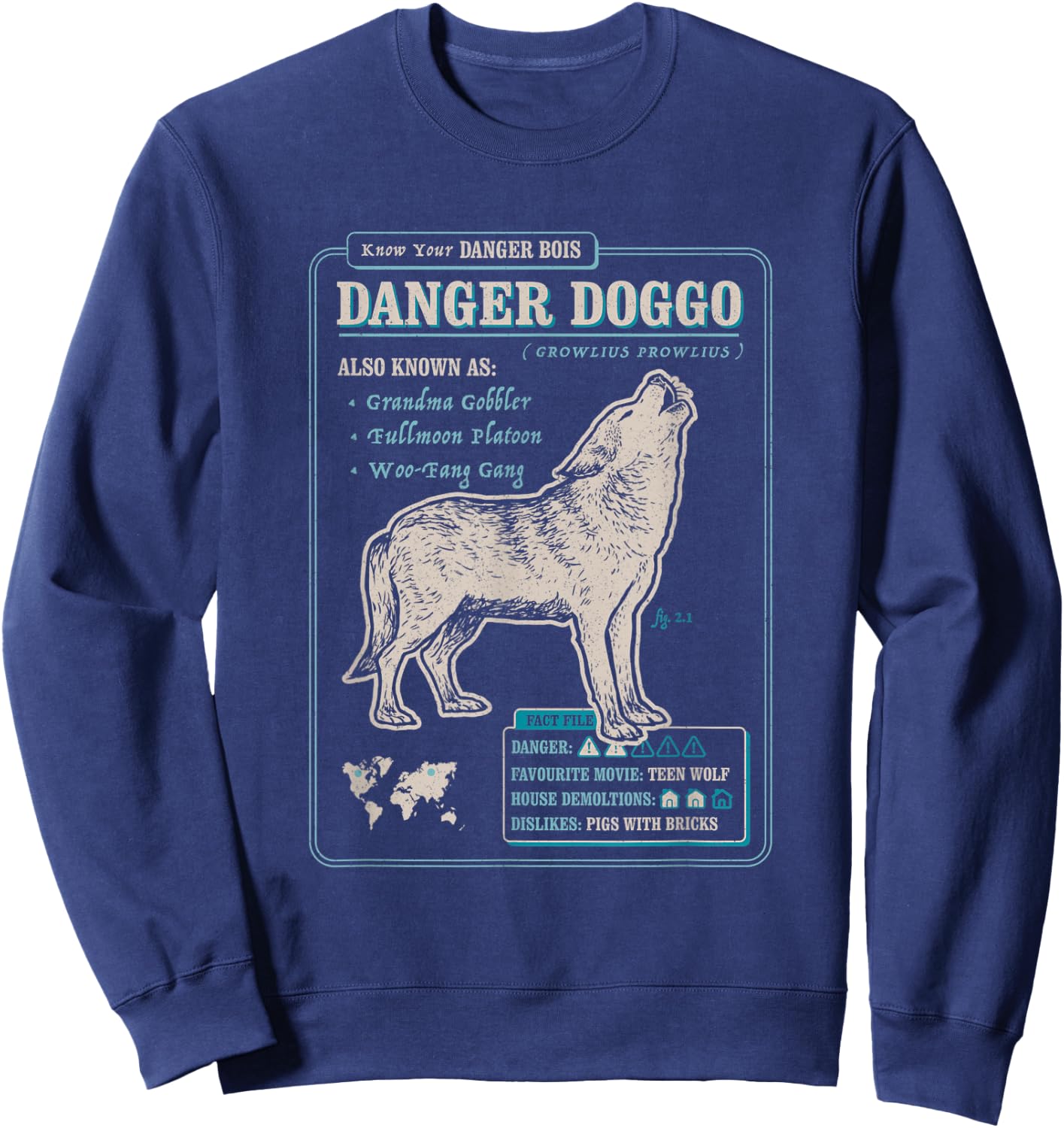 Funny Wolf Fact File - Danger Doggo Sweatshirt - Sweatshirt | Navy