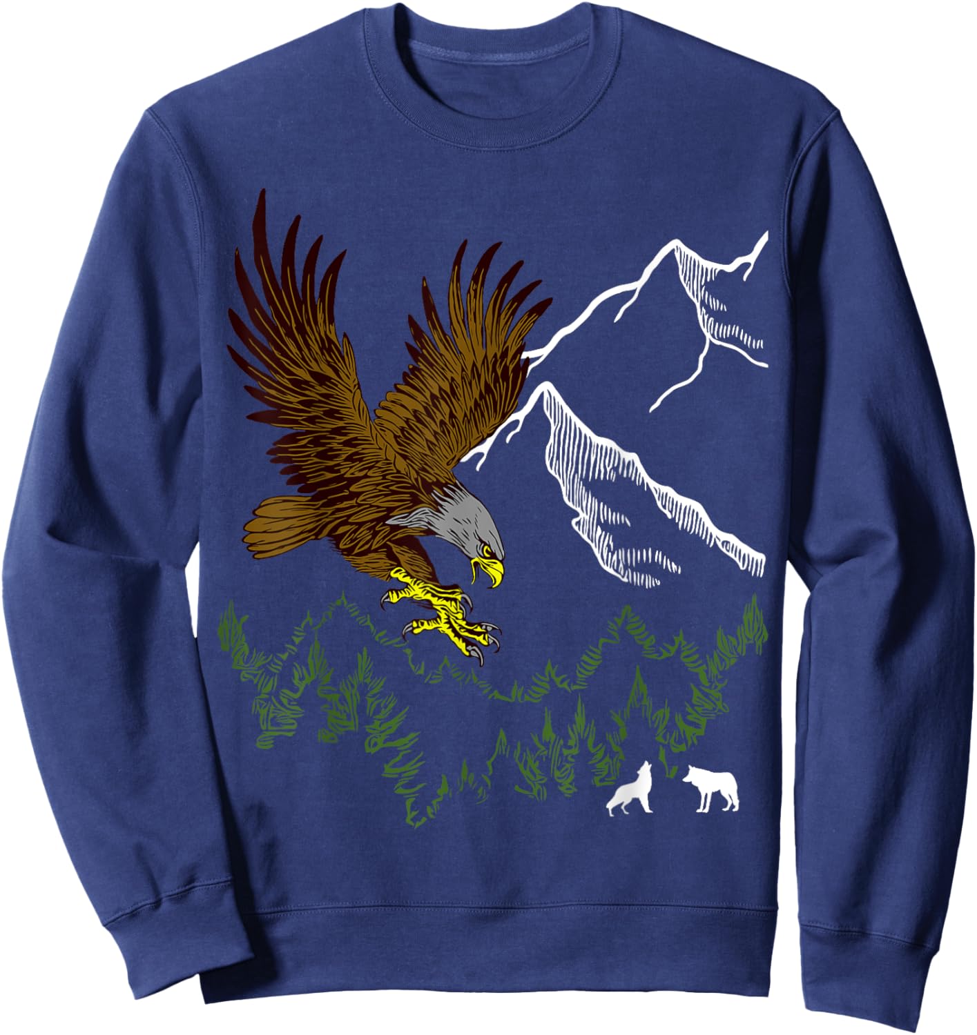 Mountain Forest tree Design Eagle Bird, Wolf Animal Graphic Sweatshirt - Sweatshirt | Navy