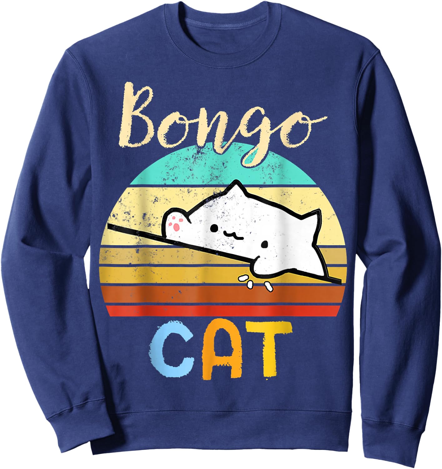 vintage sunset Bongo Cat cute Gamer meme gift Sweatshirt - Sweatshirt | Navy