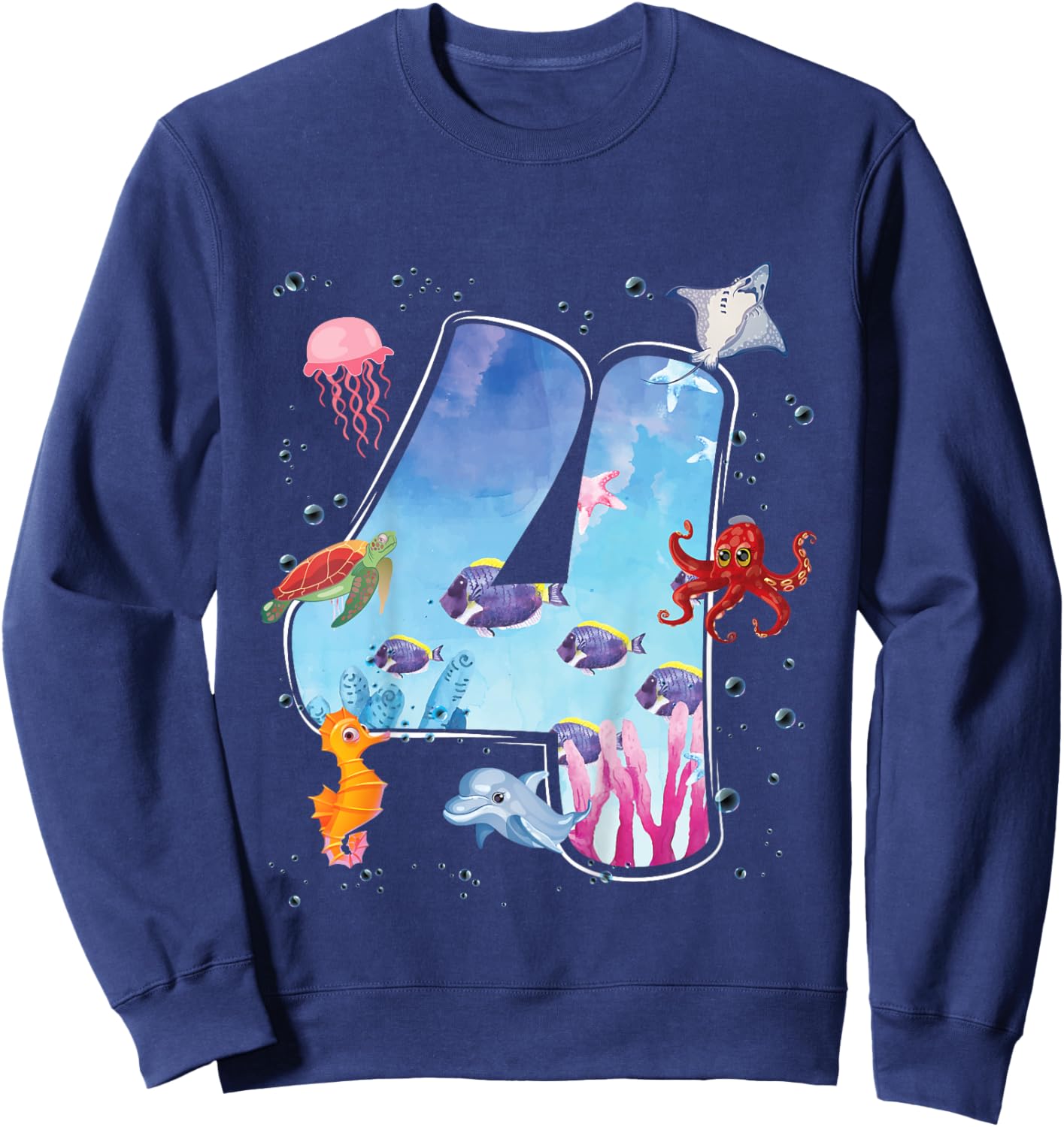 Kids 4th Birthday Party Ocean 4 Year Old Sea Fish Aquarium Boy Sweatshirt - Sweatshirt | Navy