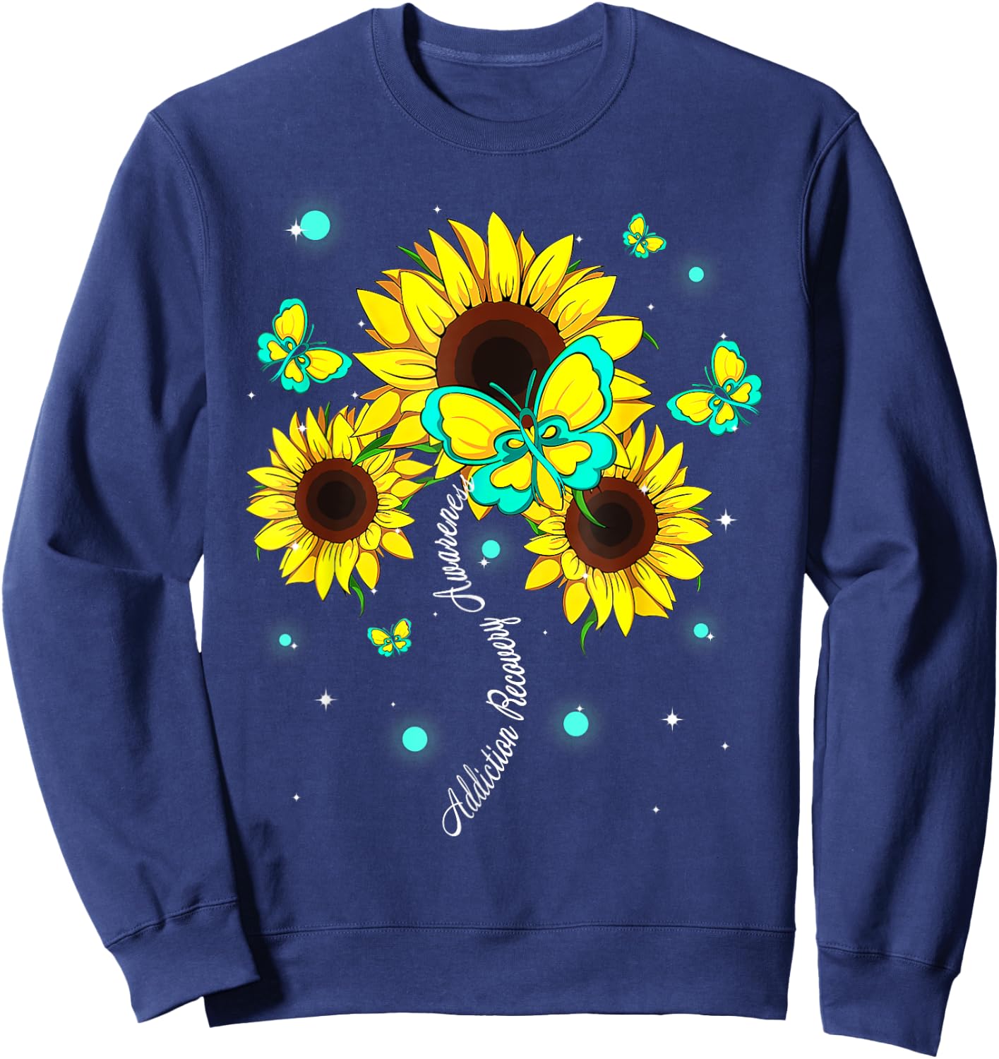 Addiction Recovery Awareness Sunflower Butterfly Ribbon Sweatshirt - Sweatshirt | Navy