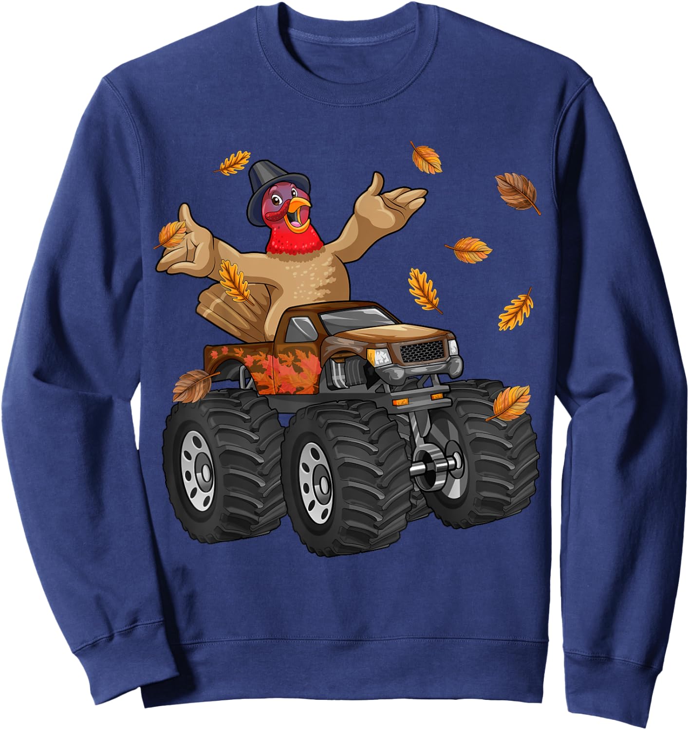 Thanksgiving Turkey Riding Monster Truck Funny Boys Kids Sweatshirt - Sweatshirt | Navy