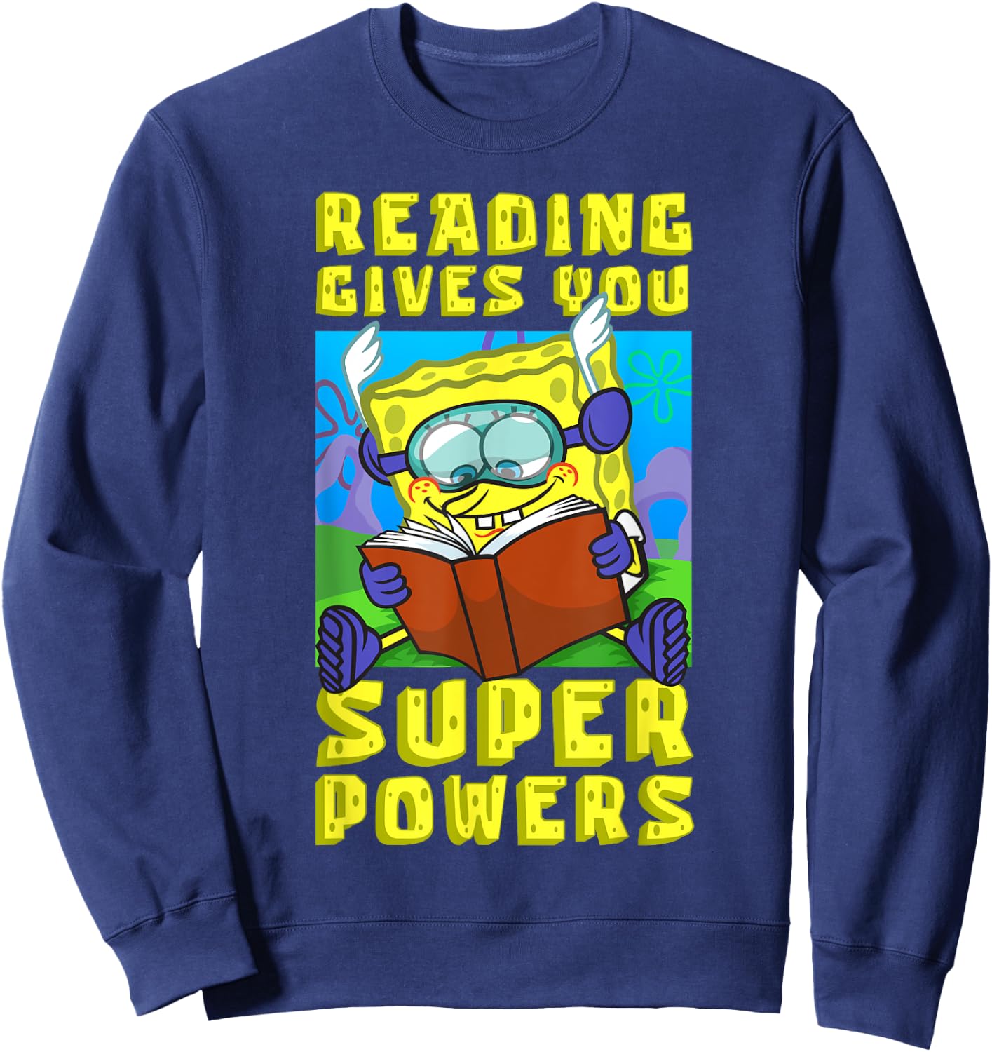 Mademark x SpongeBob SquarePants - SpongeBob Reading Gives You Super Powers Book Stories Reader Sweatshirt - Sweatshirt | Navy
