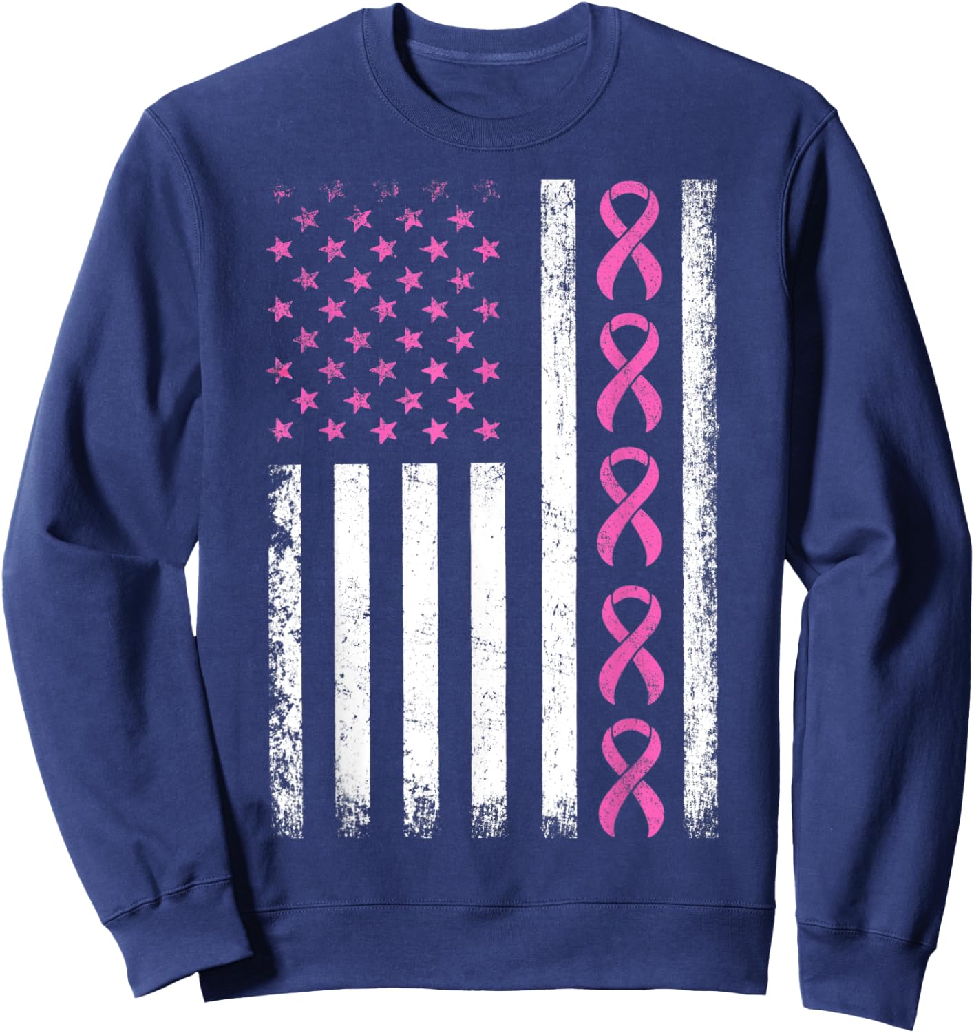 Breast Cancer Awareness American Flag Distressed Women Kids Men Sweatshirt - Sweatshirt | Navy