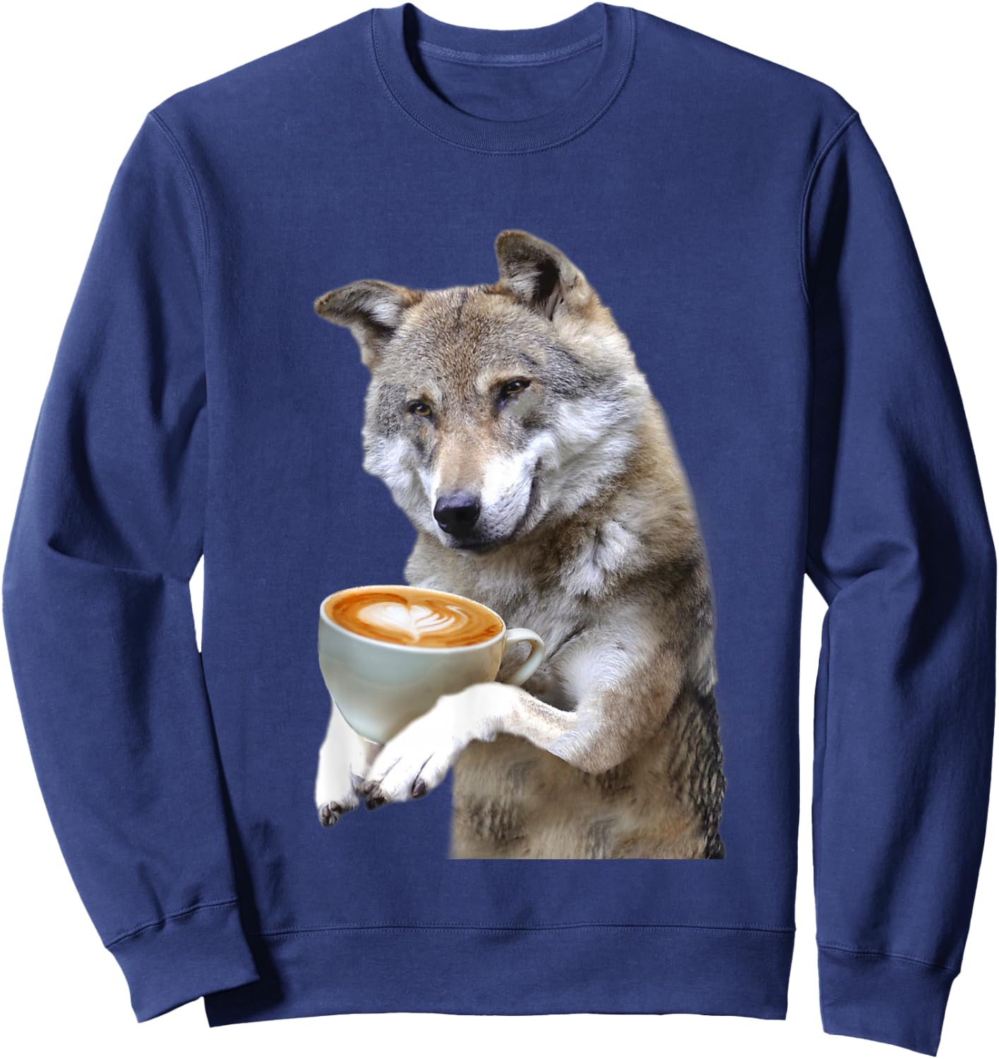 Brown Wolf Wolves Drink Coffee Smiling Funny Sweet Sweatshirt - Sweatshirt | Navy