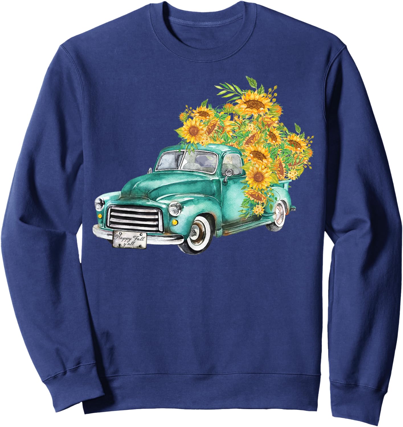 Vintage Truck Sunflowers Happy Fall Y'all Sweatshirt - Sweatshirt | Navy