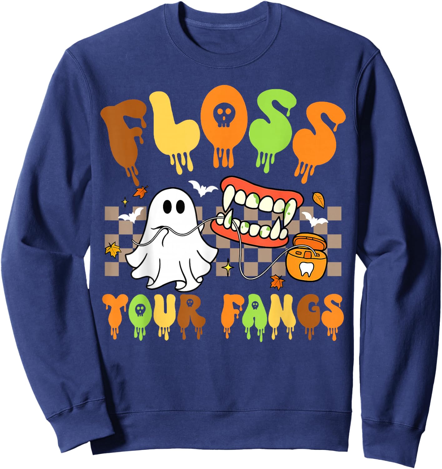 Retro Funny Teeth Floss Your Fangs Dentist Dental Halloween Sweatshirt - Sweatshirt | Navy