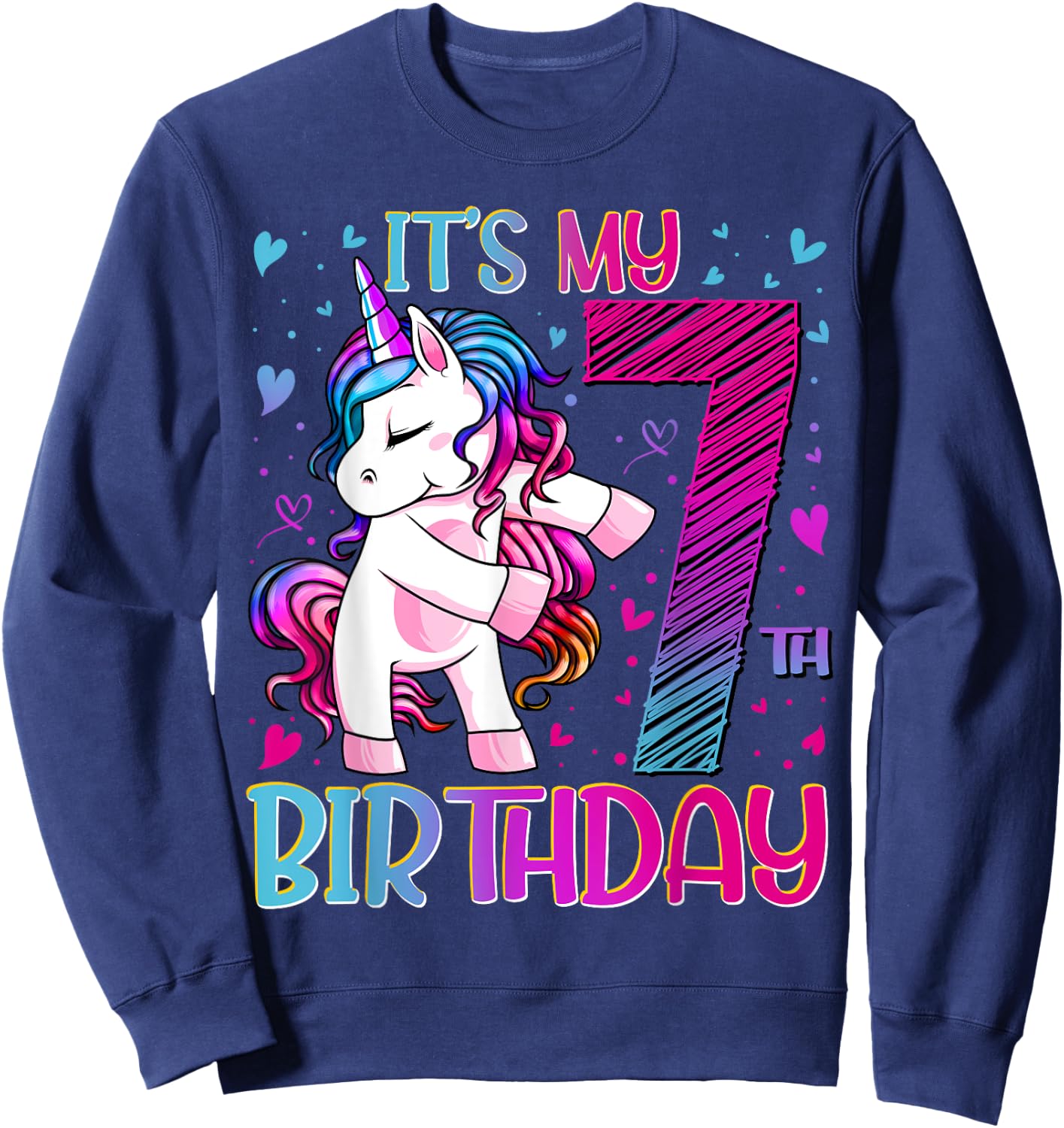 7 Year Old Gifts Unicorn Flossing 7th Birthday Girl Party Sweatshirt - Sweatshirt | Navy