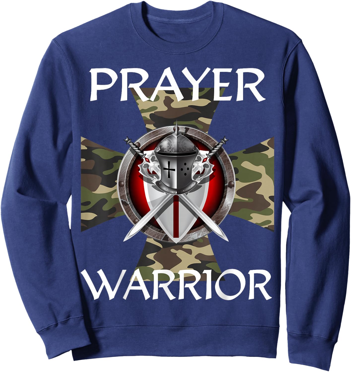 Christian Prayer Warrior Green Camo Cross Religious Messages Sweatshirt - Sweatshirt | Navy