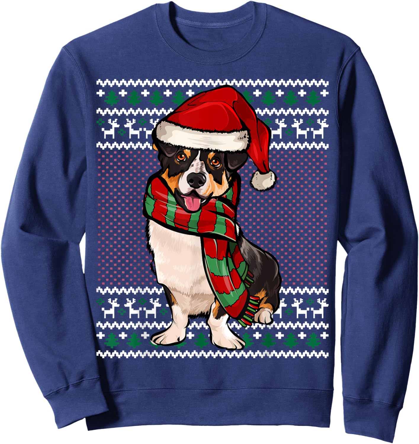 Xmas Cardigan Welsh Corgi Dog Santa Hat Ugly Christmas Men Women Sweatshirt - Sweatshirt | Navy