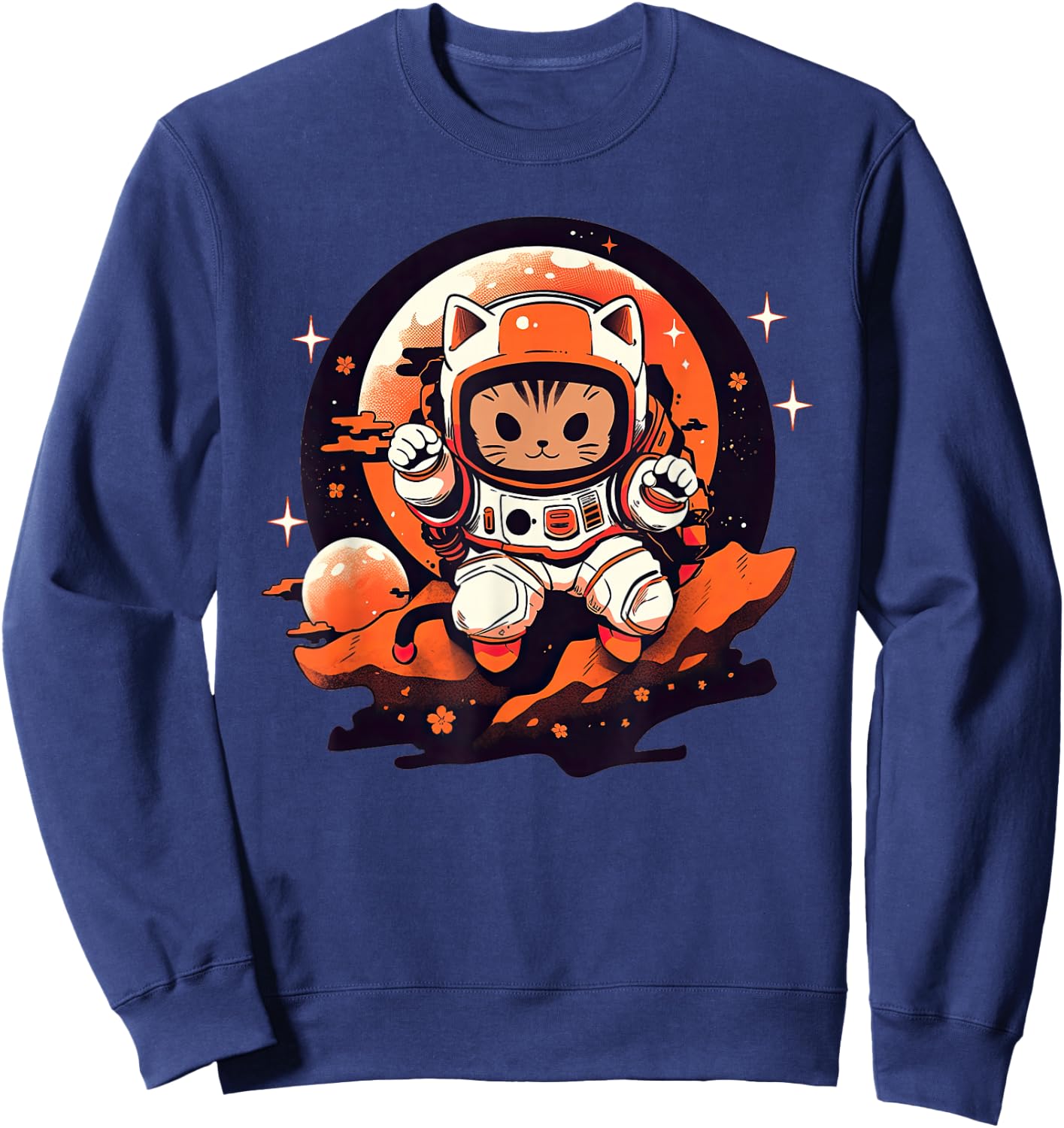 Kawaii Space Cat Retro Astronaut Cute Kitty Neko Cat Stars Sweatshirt - Sweatshirt | Navy