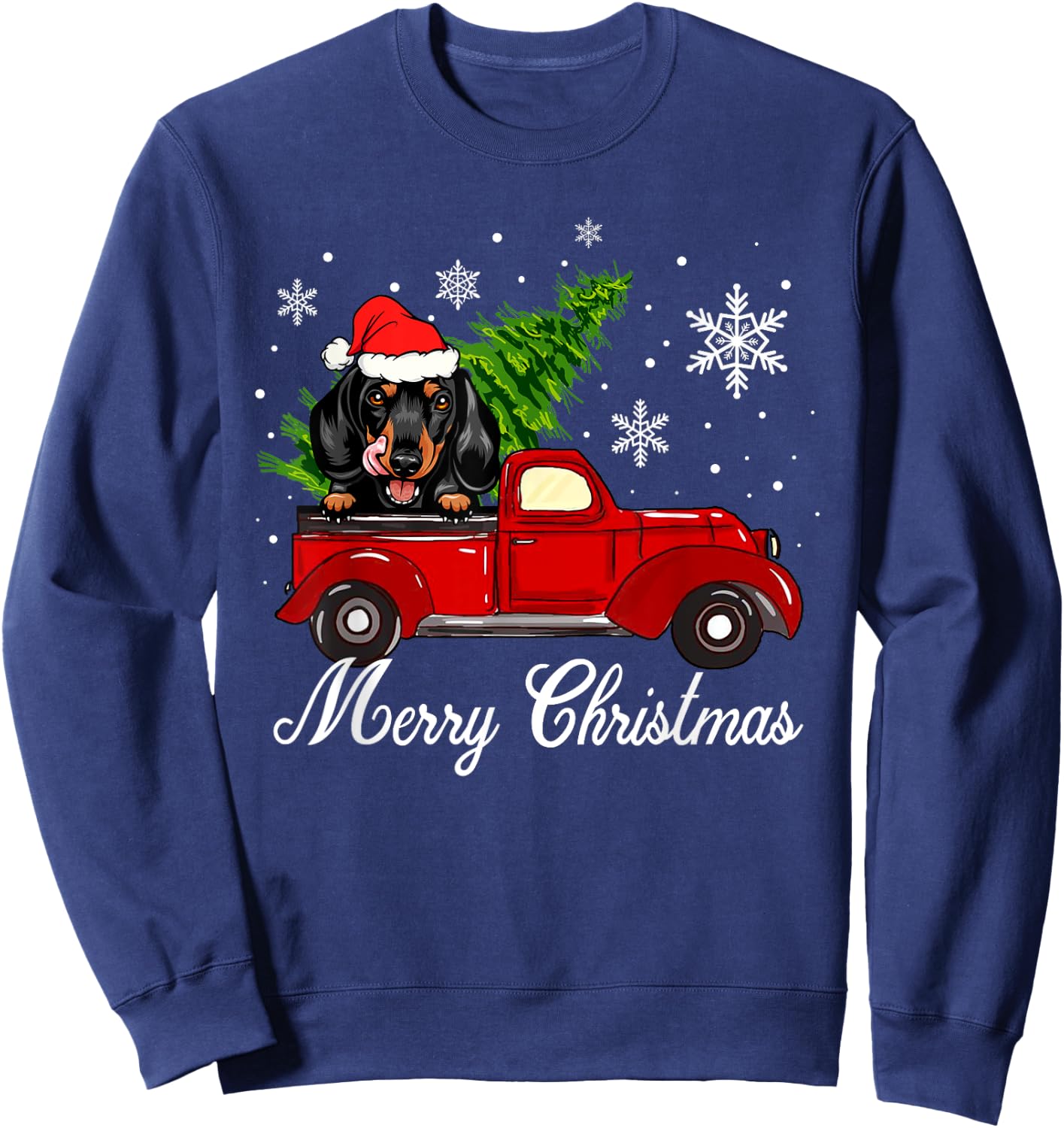 Dachshund Dog Riding Red Truck Christmas Decorations Pajama Sweatshirt - Sweatshirt | Navy