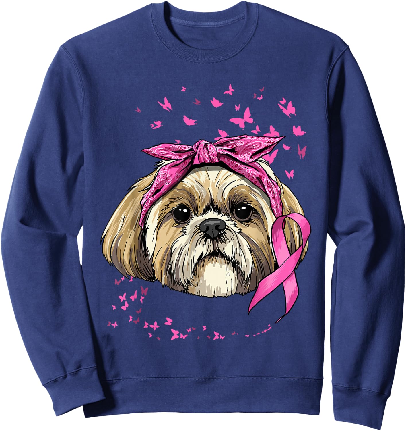 Breast Cancer Awareness Shih Tzu Dog Pink Ribbon Survivor Sweatshirt - Sweatshirt | Navy