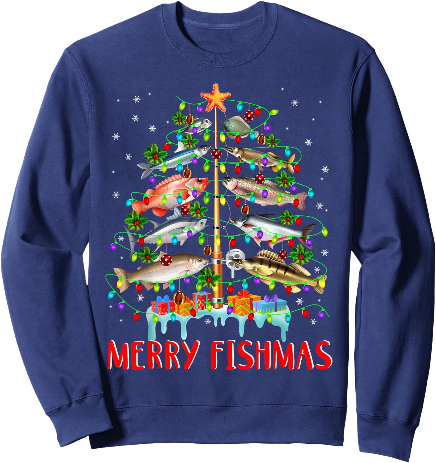 Merry Fishmas Funny Christmas Tree Lights Fish Fishing Rod Sweatshirt - Sweatshirt | Navy