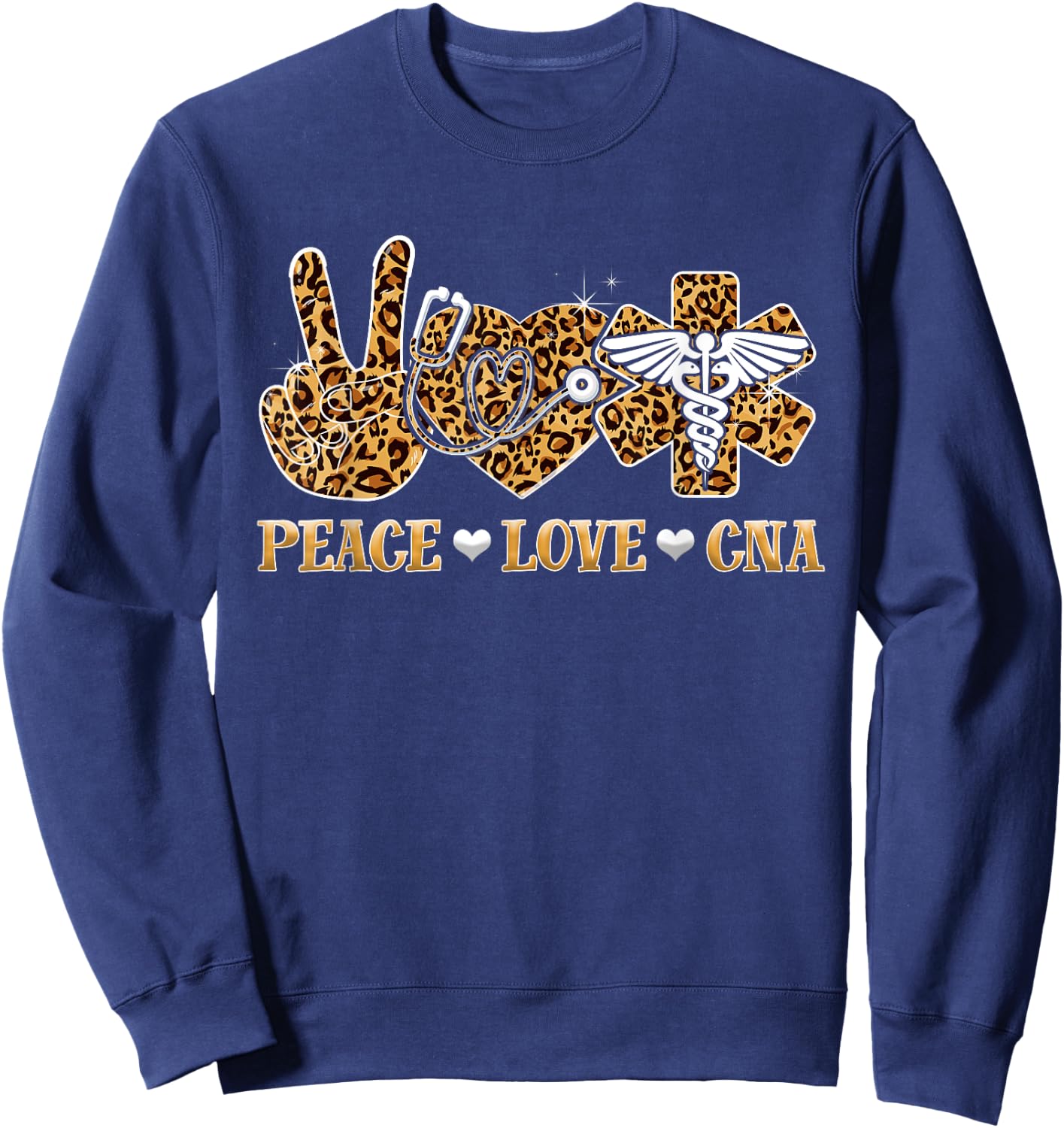 Peace Love Cna Nurse Life Leopard Print Stethoscope Heart Sweatshirt - Sweatshirt | Navy