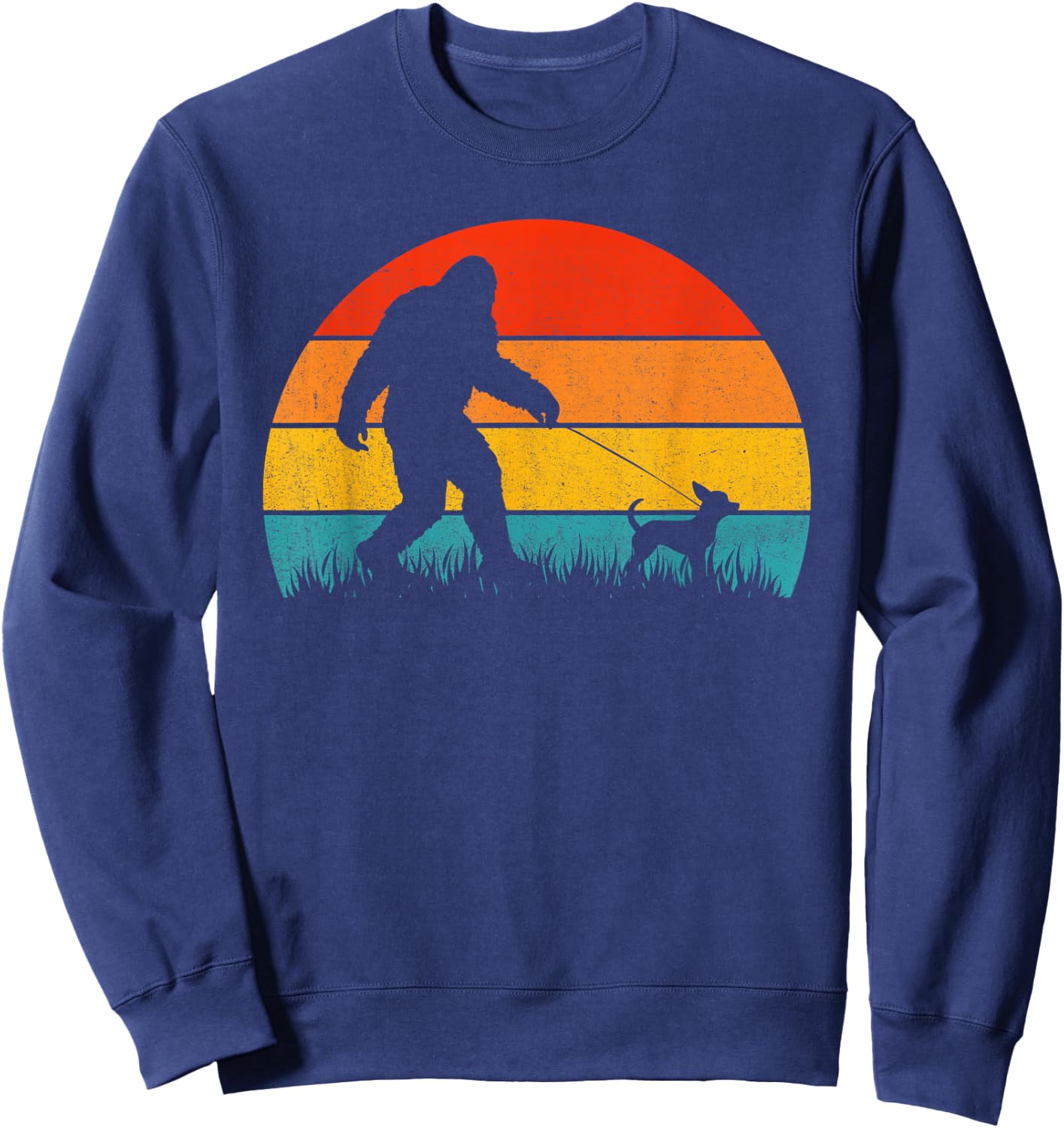 Bigfoot Walking Retro Sunset Off Sasquatch & Chihuahua Dog Sweatshirt - Sweatshirt | Navy