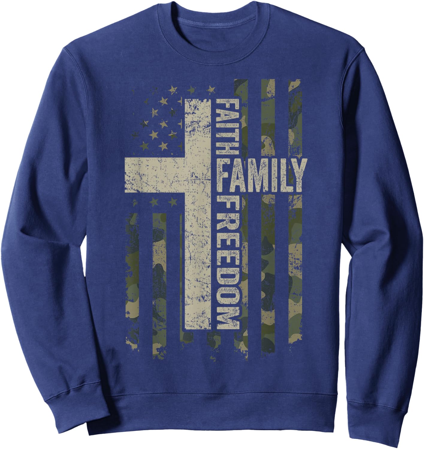 Faith Family & Freedom - Patriotic Christian Camo USA Flag Sweatshirt - Sweatshirt | Navy