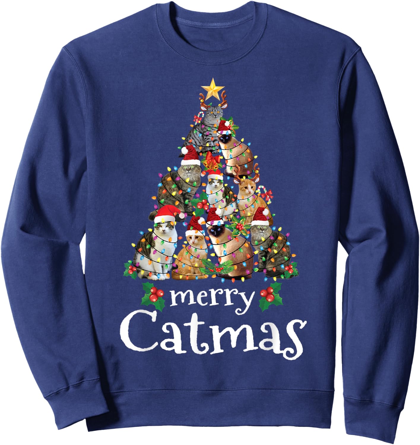 Merry Catmas Funny Cat Mom Cat Dad Christmas Cat Sweatshirt - Sweatshirt | Navy