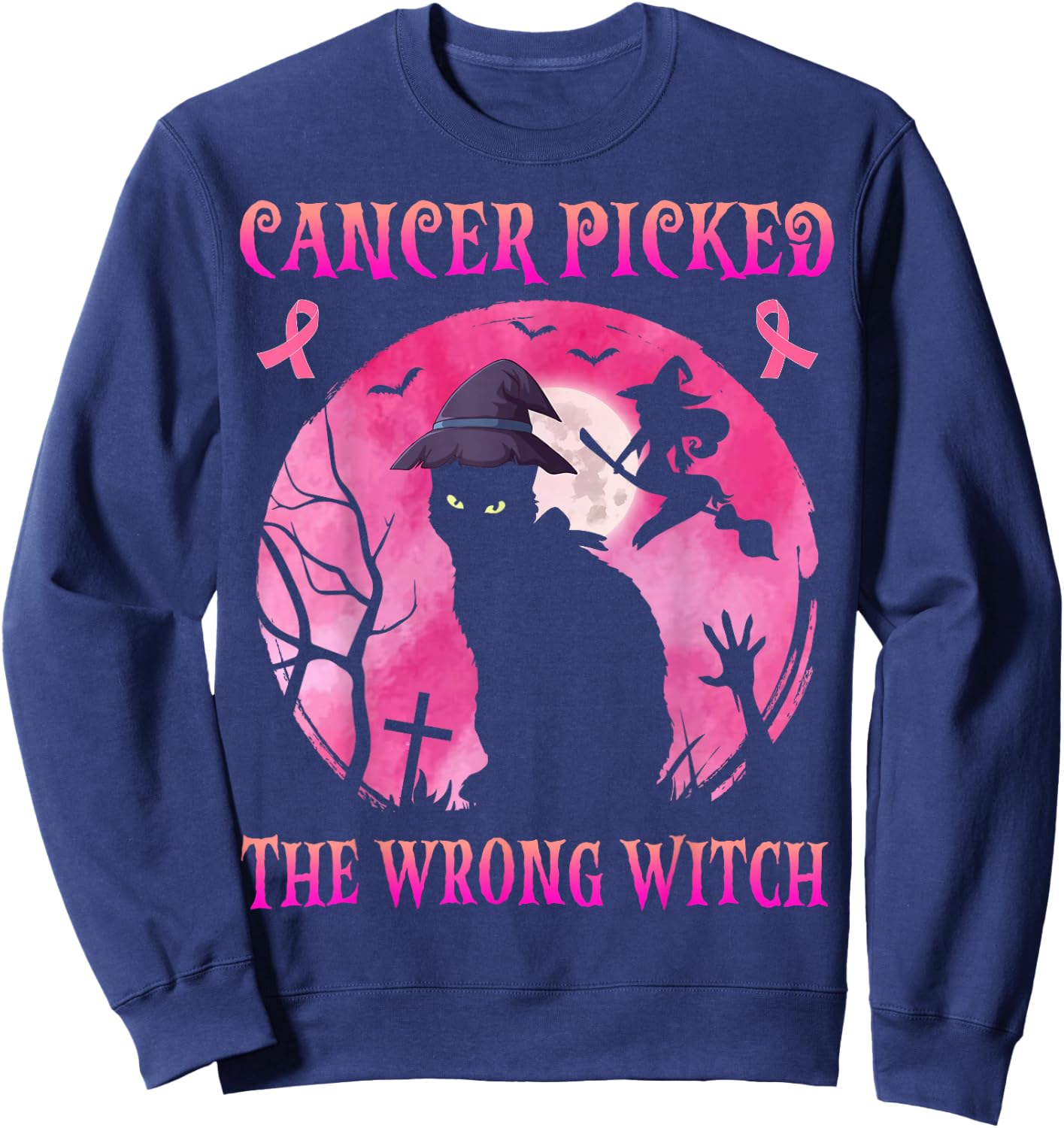 Cancer Picked The Wrong Witch Breast Cancer Halloween Cat Sweatshirt - Sweatshirt | Navy