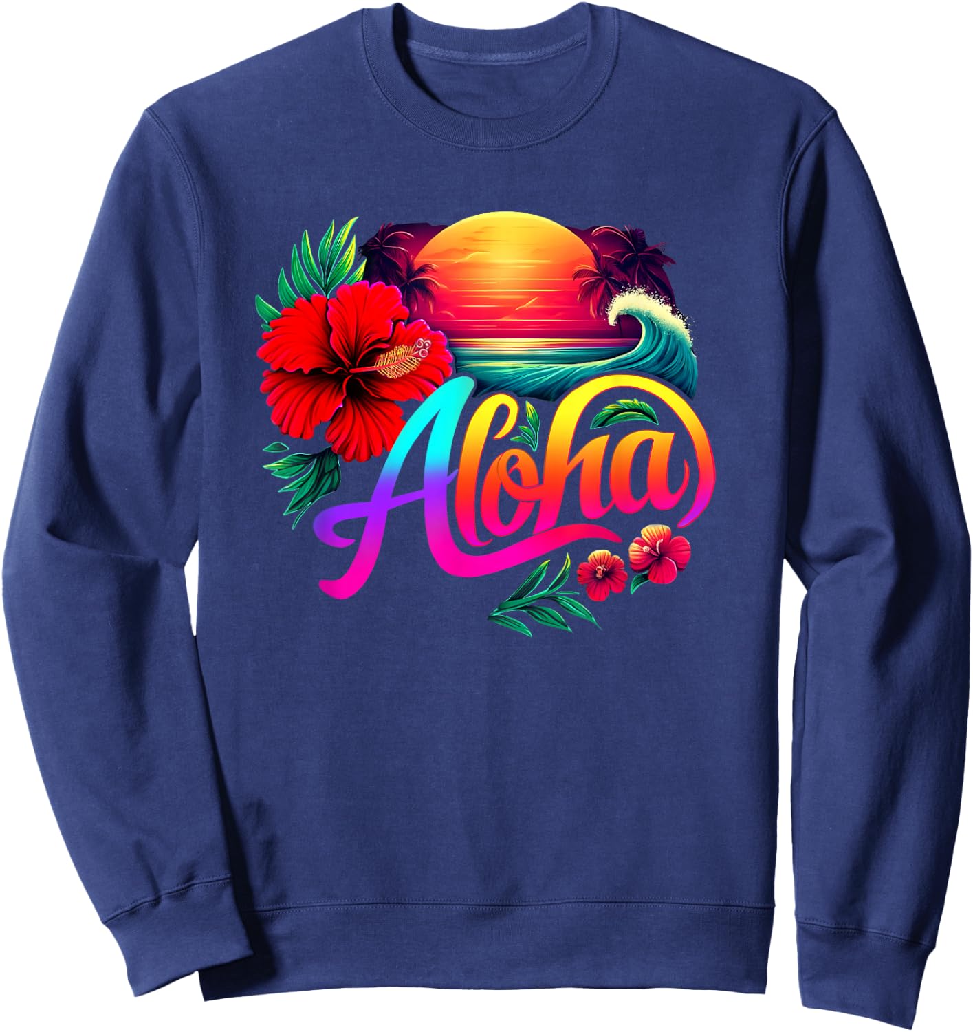 Aloha Hawaii Retro Sunset Vintage Hawaiian Beach Flower Sweatshirt - Sweatshirt | Navy