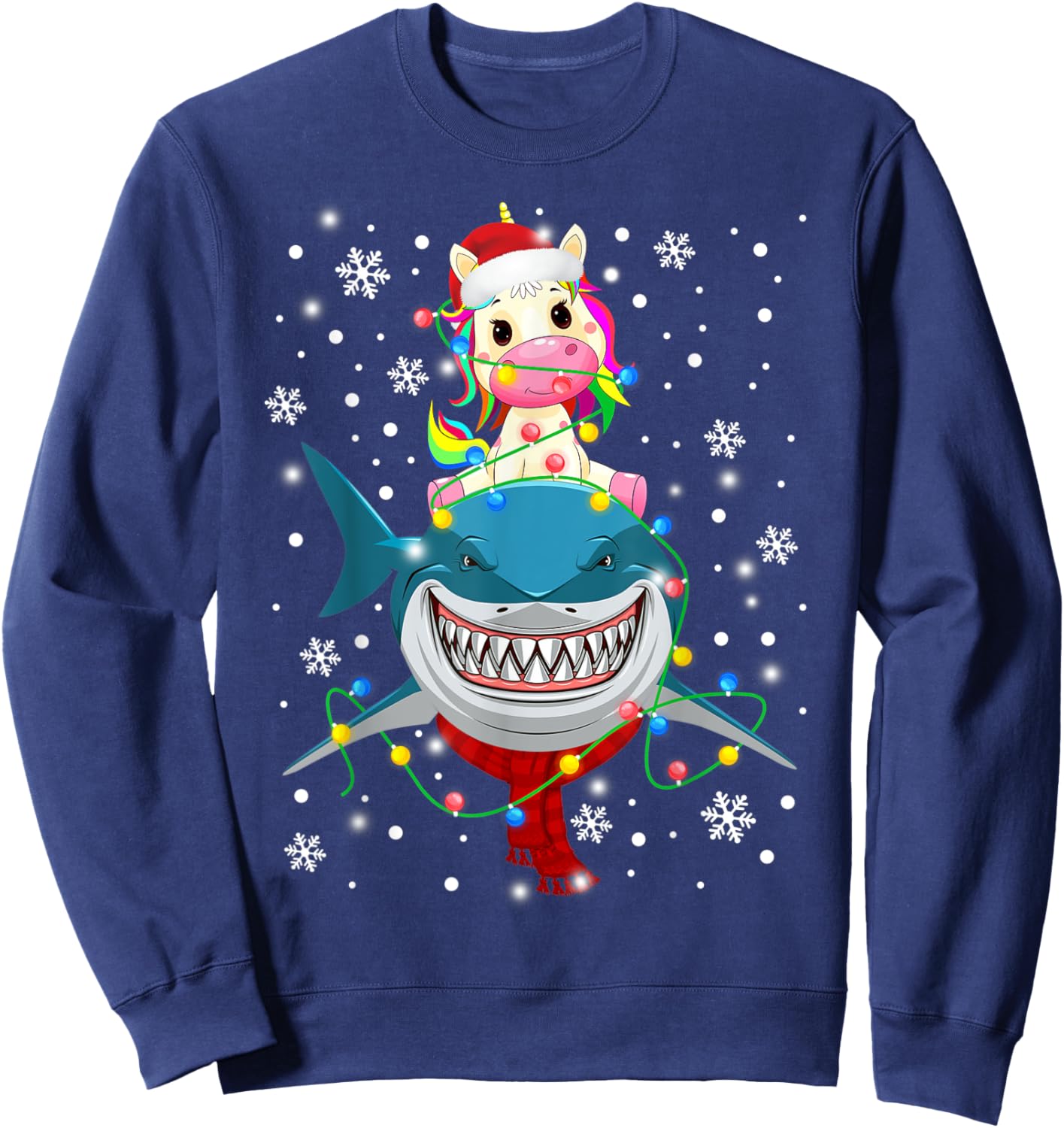 Unicorn Riding Shark Christmas Lights Gift Kids Boy Girl Sweatshirt - Sweatshirt | Navy