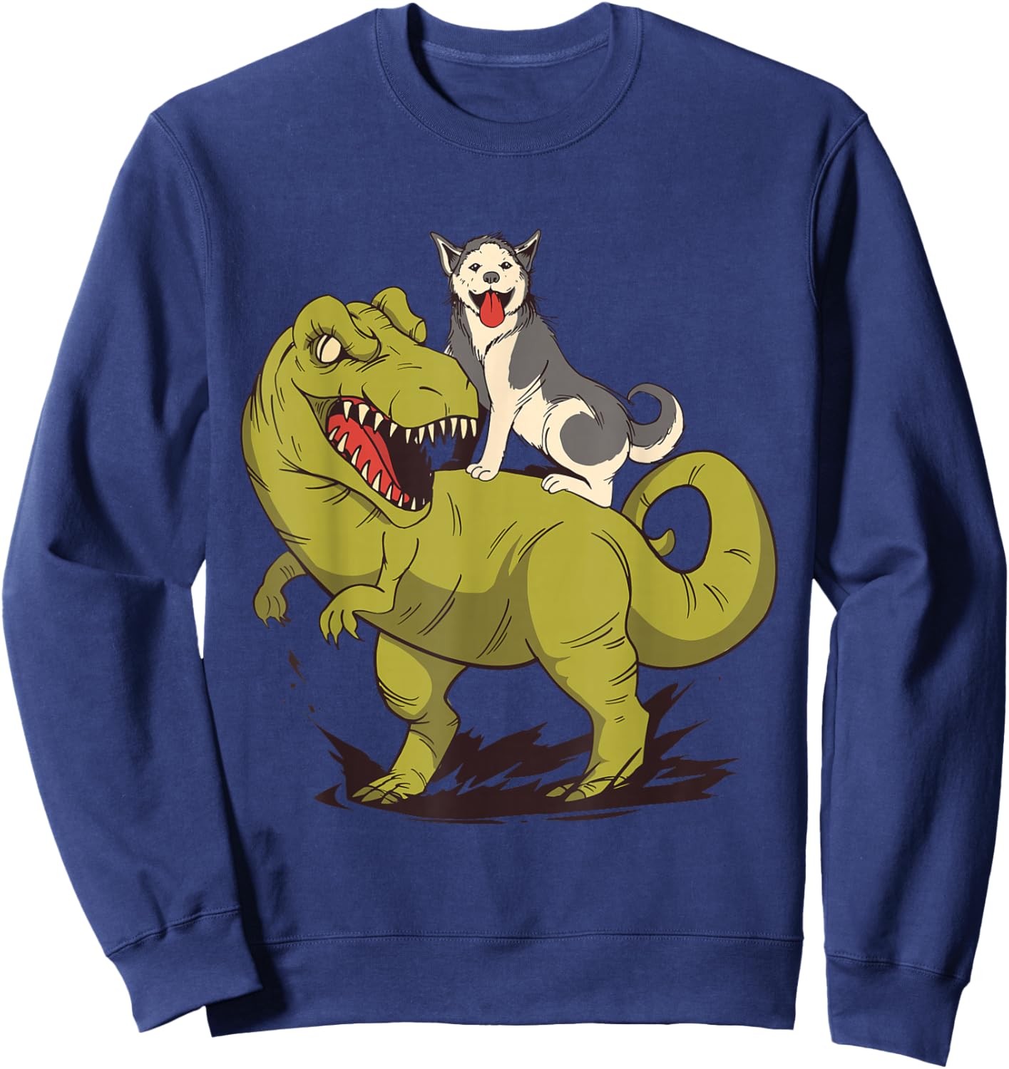 Funny Siberian Husky Dog Riding Dinosaur Sweatshirt - Sweatshirt | Navy