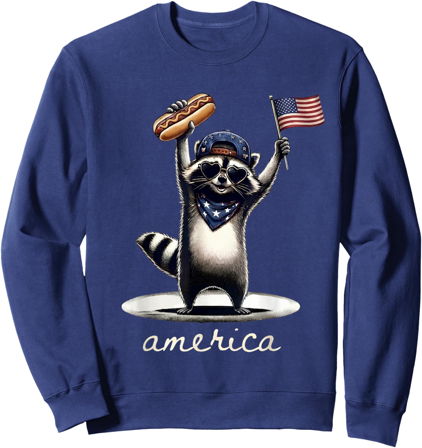 4th of July America Raccoon Holding Hotdog and US Flag Sweatshirt - Sweatshirt | Navy