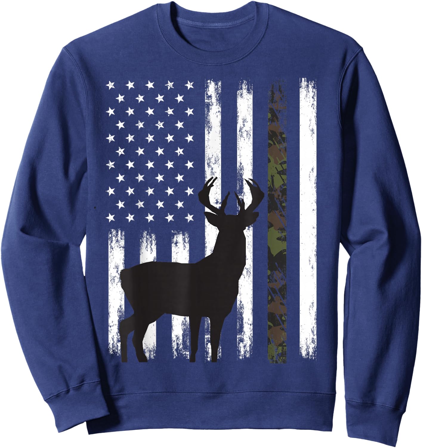 Whitetail Deer Hunting Hunter Buck Camo American Flag USA Sweatshirt - Sweatshirt | Navy