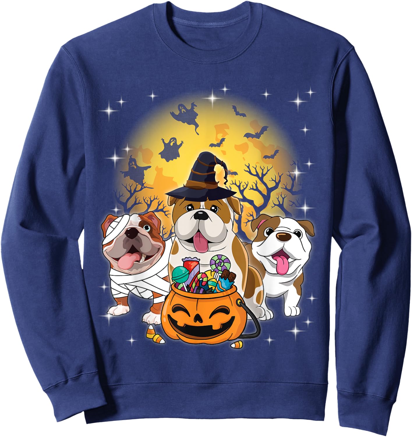 English Bulldog Mummy Witch Dog Moon Ghosts Halloween Day Women Kids Sweatshirt - Sweatshirt | Navy