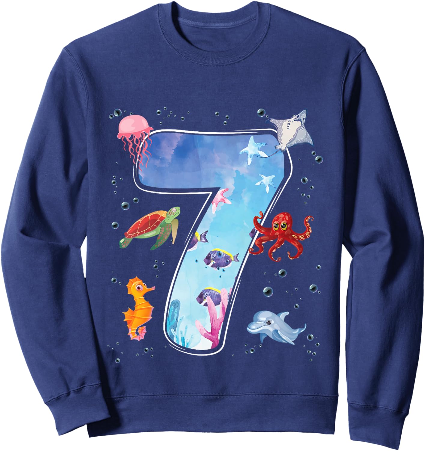 Kids 7th Birthday Party Ocean 7 Year Old Sea Fish Aquarium Boy Sweatshirt - Sweatshirt | Navy