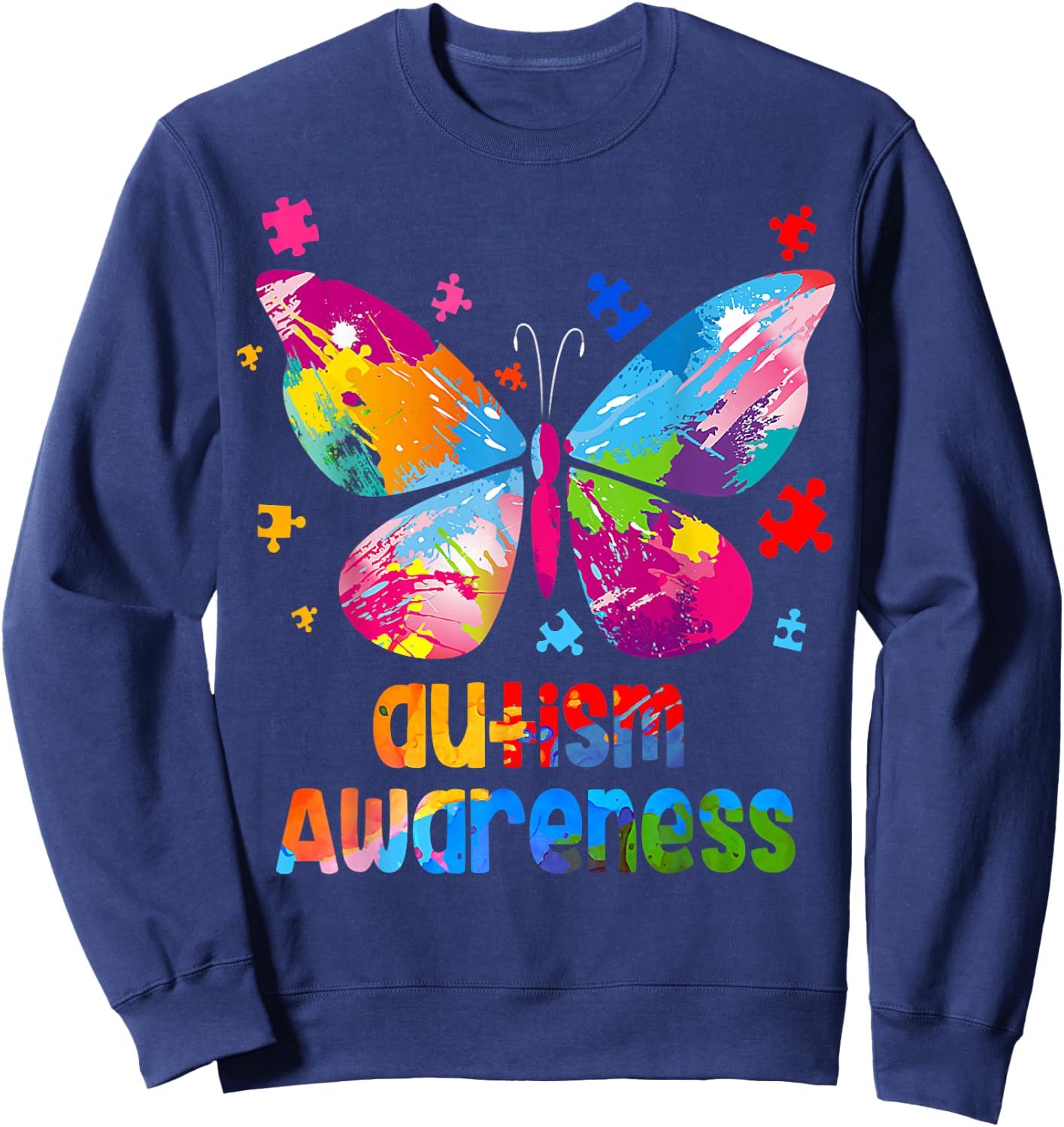 Autism Awareness Colorful Butterfly Puzzle Sweatshirt - Sweatshirt | Navy