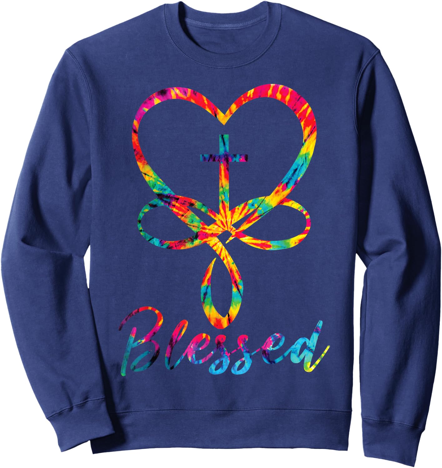 Blessed Tie Dye Christian Heart Jesus Cross Christian Cute Sweatshirt - Sweatshirt | Navy
