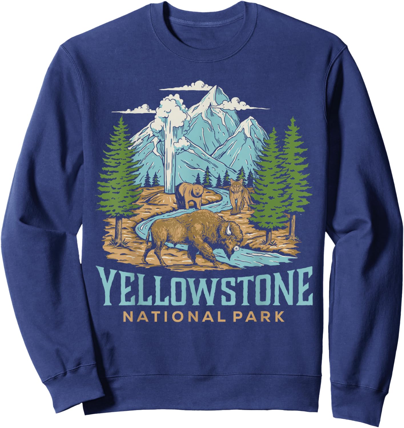 Yellowstone US National Park Wolf Bison Bear Vintage Gift Sweatshirt - Sweatshirt | Navy